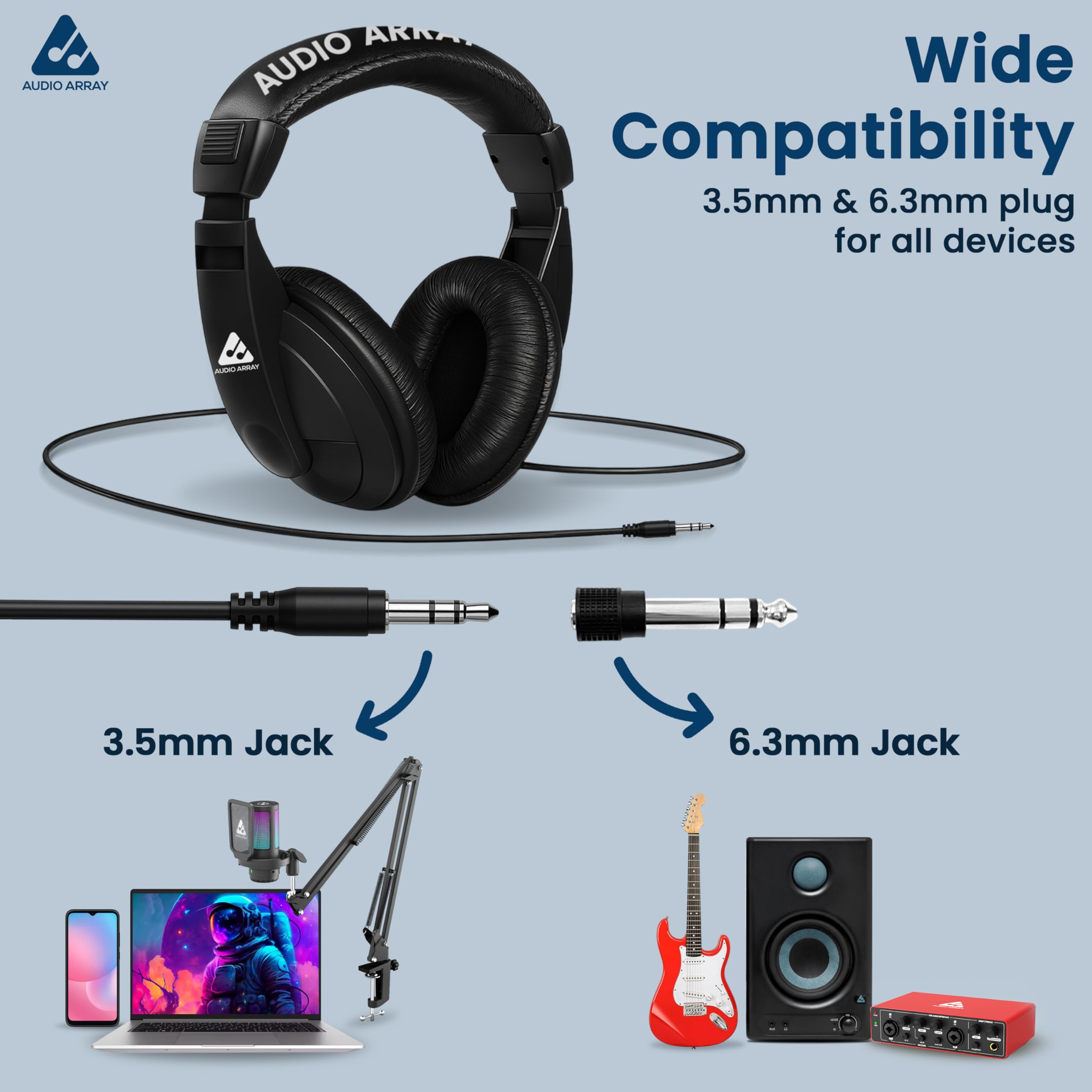 AH-45-BK studyjne słuchawki do monitorowania i nagrywania na żywo | przetworniki basowe 40 mm Depp zamknięta konstrukcja | impedancja 32 omów | kabel OFC 3 m | adapter 3,5 mm + 6,3 mm (czarny)