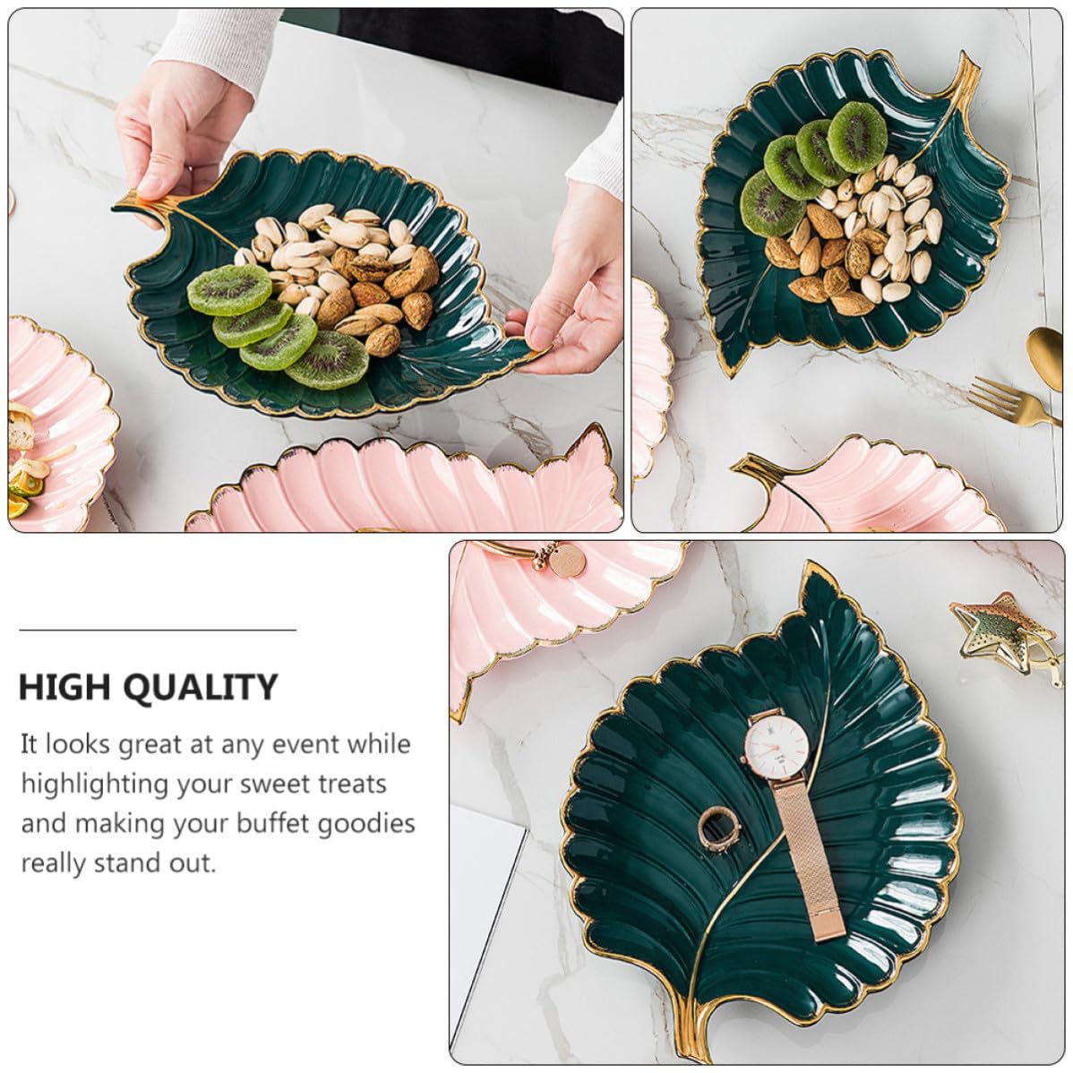 Operitacx Bandeja Decorativa Multifuncional de Cerámica Verde Borde Dorado en Forma de Hoja para Joyas y Postres, Adecuado para Escritorio o Recibidor