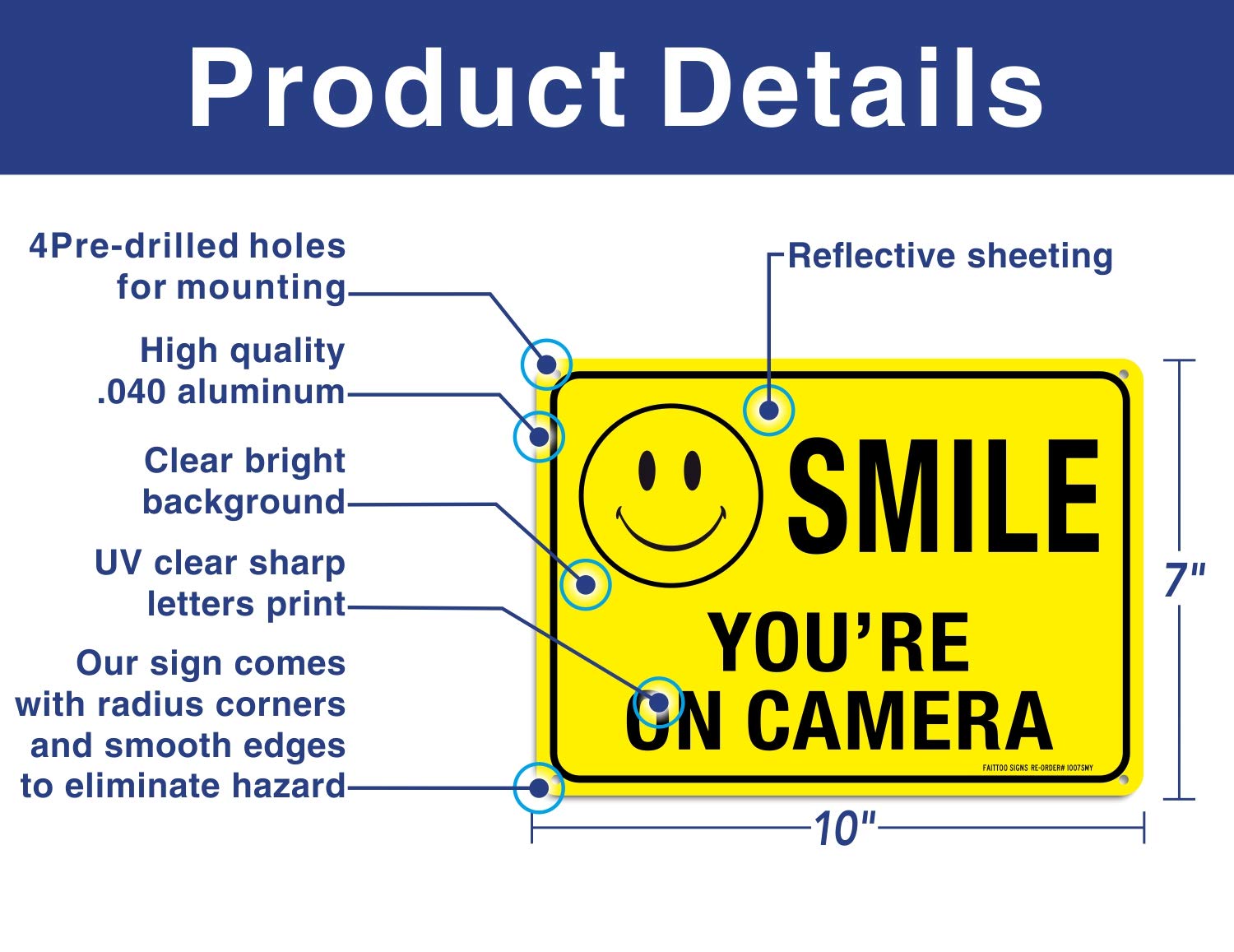 (4-pak) znak Faittoo Smile You're On Camera, odblaskowy 10 x 7 bez rdzy .40 aluminium, ochrona przed promieniowaniem UV, odporny na warunki atmosferyczne, trwały atrament, do użytku wewnątrz i na zewnątrz do domowego biznesu kamery bezpieczeństwa CCTV