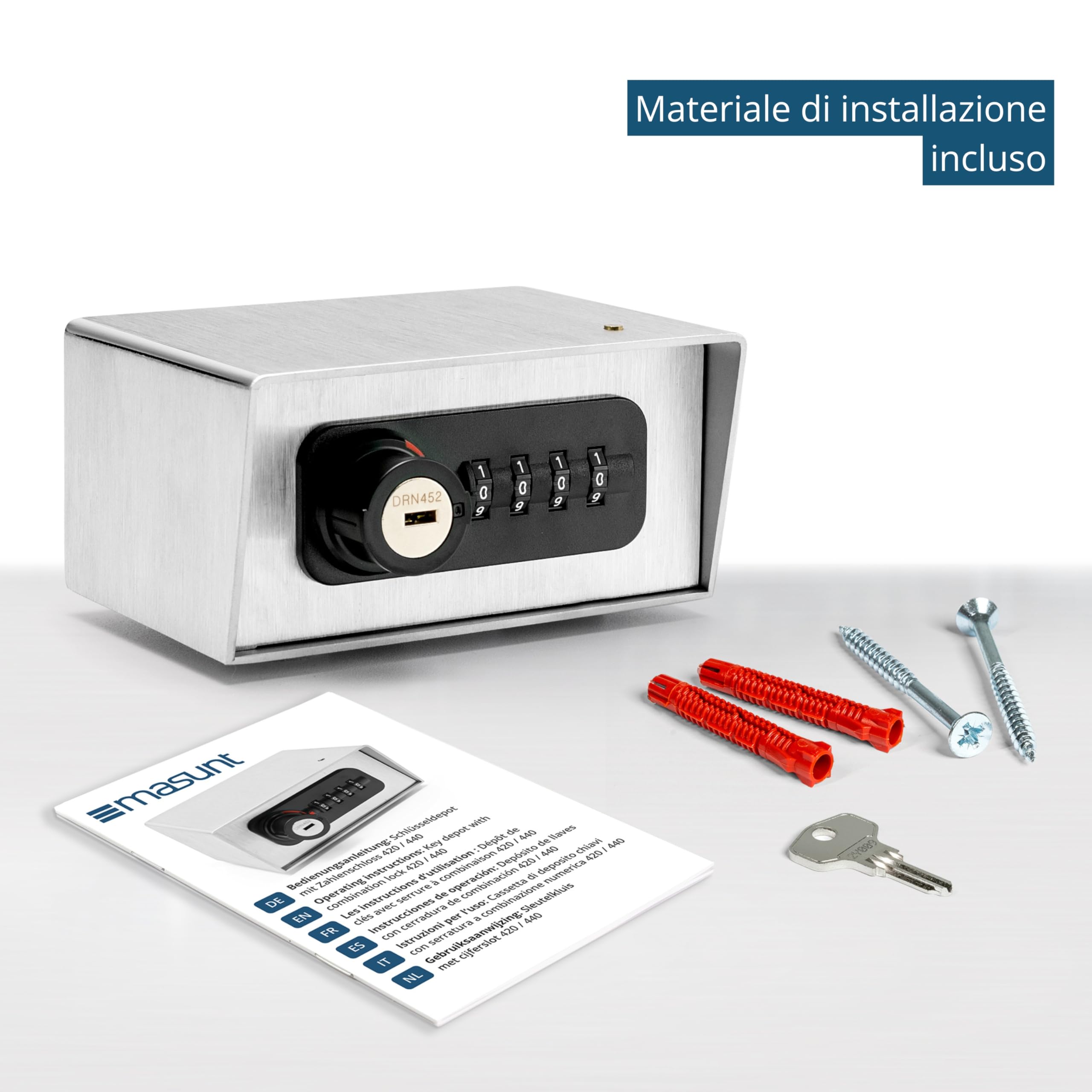 masunt chiavi depot 420 M Code | Cassaforte per chiavi di alta qualità con serratura a combinazione | Acciaio inossidabile | Argento (acciaio inossidabile V2A)