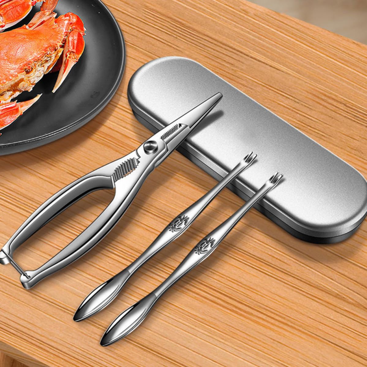 Kit Acciaio Inossidabile 1 Set per Granchio e Capesante con Forchettone e Pinze, Utensili Riutilizzabili Ideali per Cucina Domestica