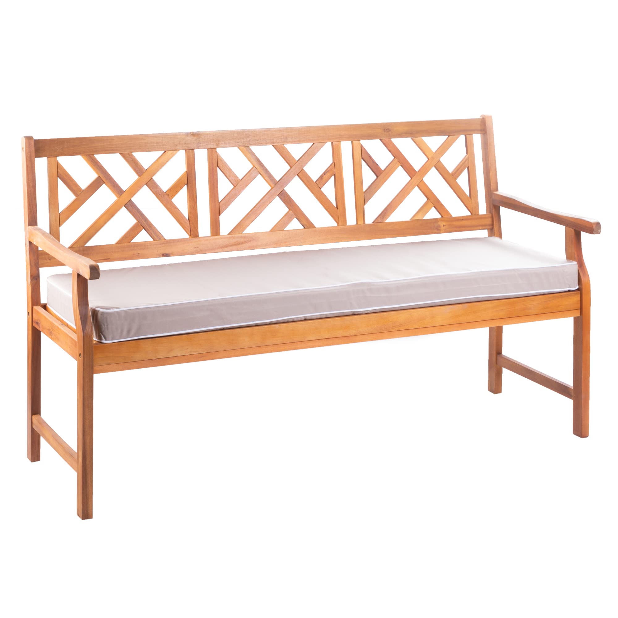 Alfresia Wooden Garden Bench – 3-Seater Acacia Hardwood Bench with Luxury Cushion Included, Outdoor Seat for 3 People, Water-Resistant, Sleek Slatted Design Seat, Traditional Style, Durable (Taupe)