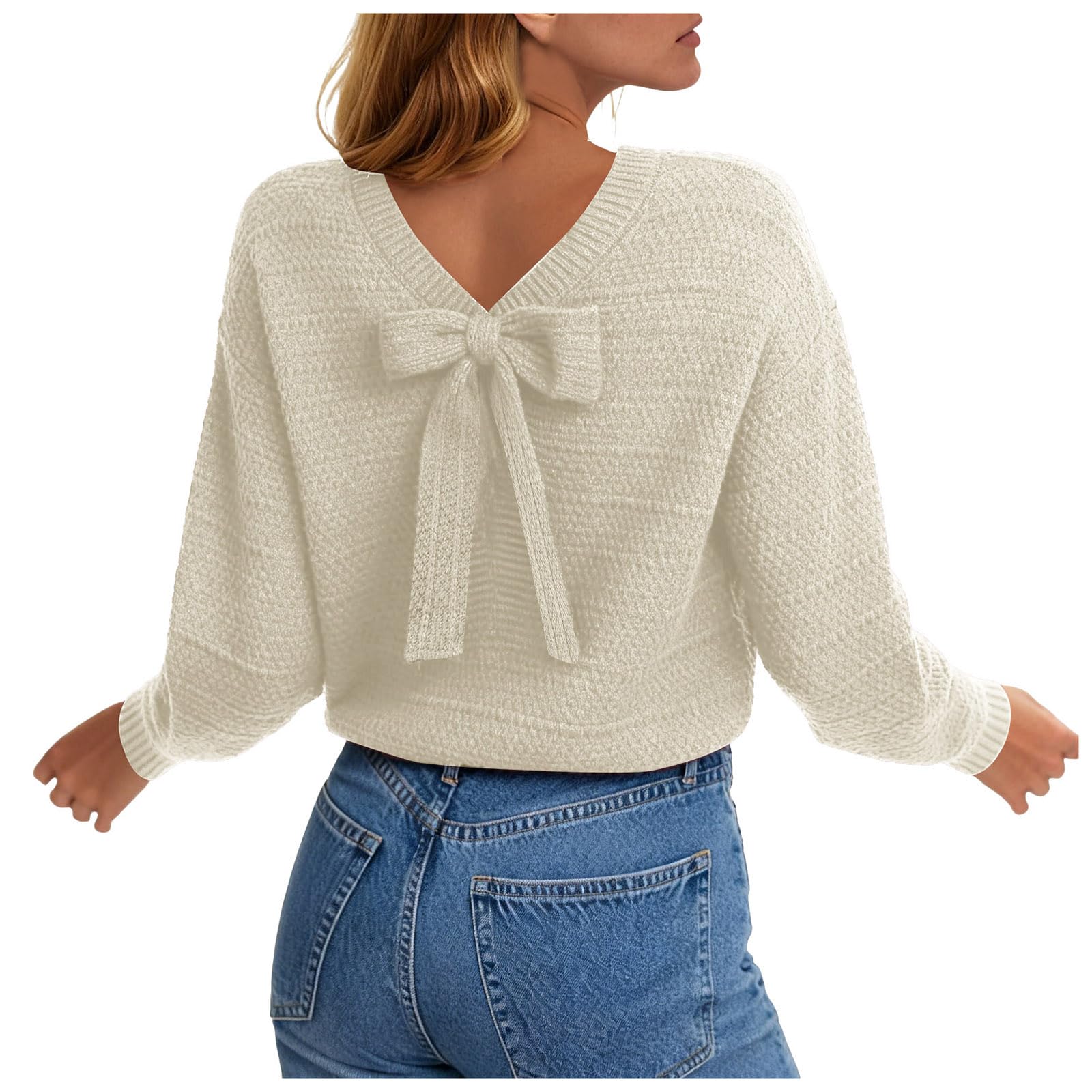 Sweaters for Women Long Sleeve Fall Outfits Back Bow Knot Sweater Round Neck Solid Ribbed Knit Sexy Pullover