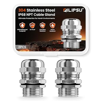 QILIPSU 2pcs 3/4" NPT 304 Stainless Steel Cable Gland Waterproof IP68 Metal Strain Relief Cord Grip Long Thread Cable Pass Through Wire Connector