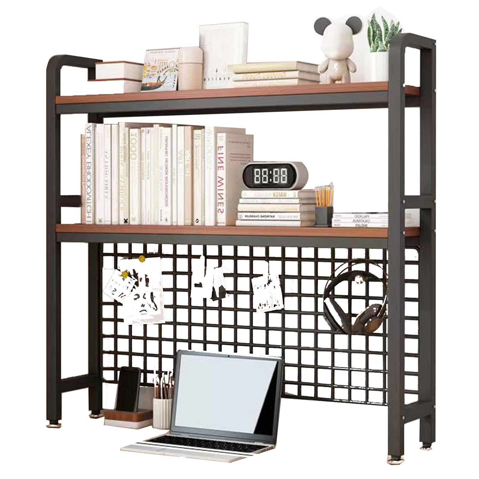 SXZenSpace Metal Desktop Shelves Multipurpose Bookshelf Organizer for Computer Desk with Grid and Hooks