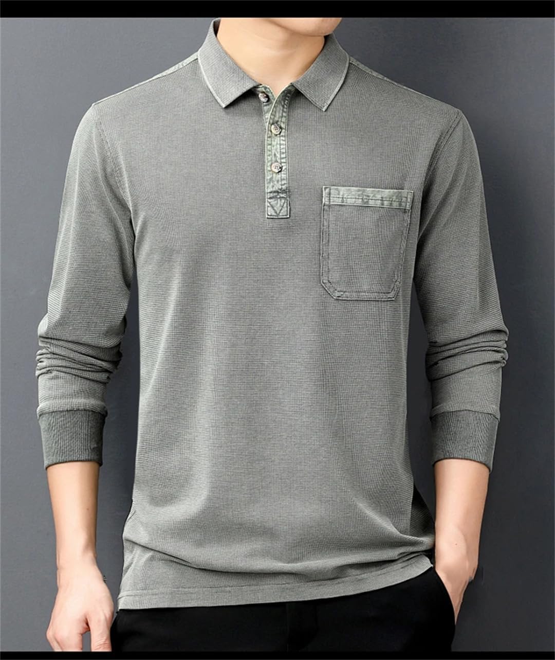Men Lapel Solid Polo Shirt Long Sleeve Button Business Casual Pullover Shirts Top Spring
