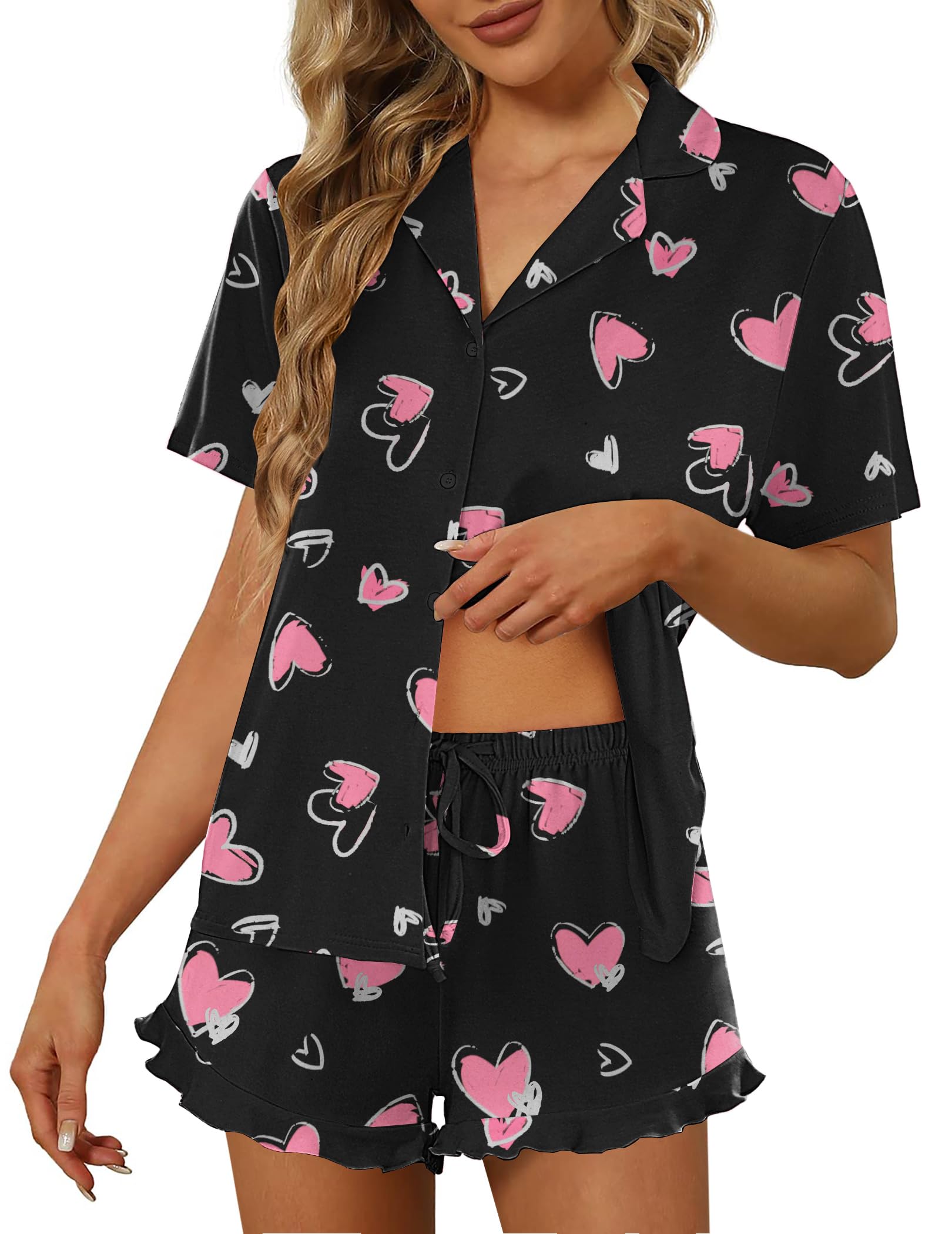 Ekouaer Pajamas Set for Women Short Sleeve Sleepwear Button Down Ruffle Pjs | Soft Pjs Shorts Set, Notch Collar, Lounge Sets for Sleep, Lounge, Wedding, Bridal Party