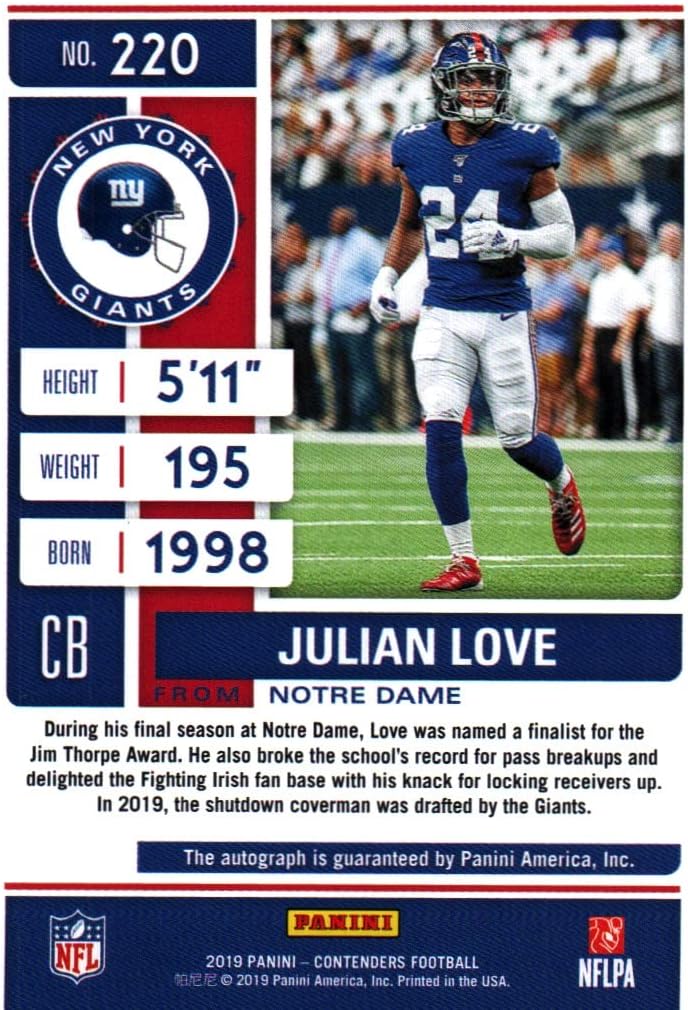 Julian Love Panini Contenders Autographed Rookie Card Collectible Football Card - 2019 Panini Contenders Rookie Ticket Football Card #220 (Giants) Free Shipping