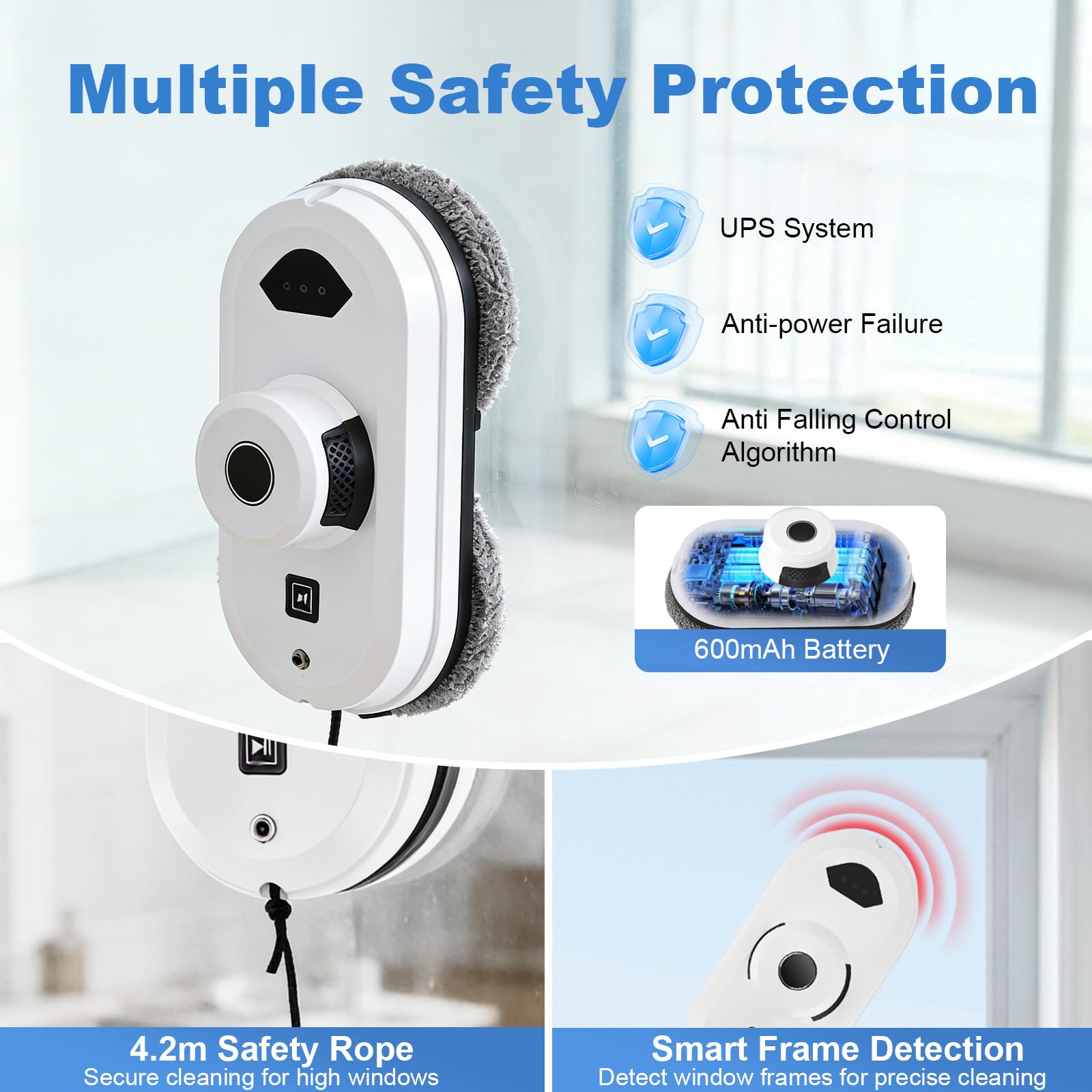 Robot de nettoyage de vitres avec puissance d'aspiration de 5800 Pa, 3 modes de nettoyage, navigation intelligente, détection des bords, télécommande, système de sécurité et 10 chiffons de nettoyage