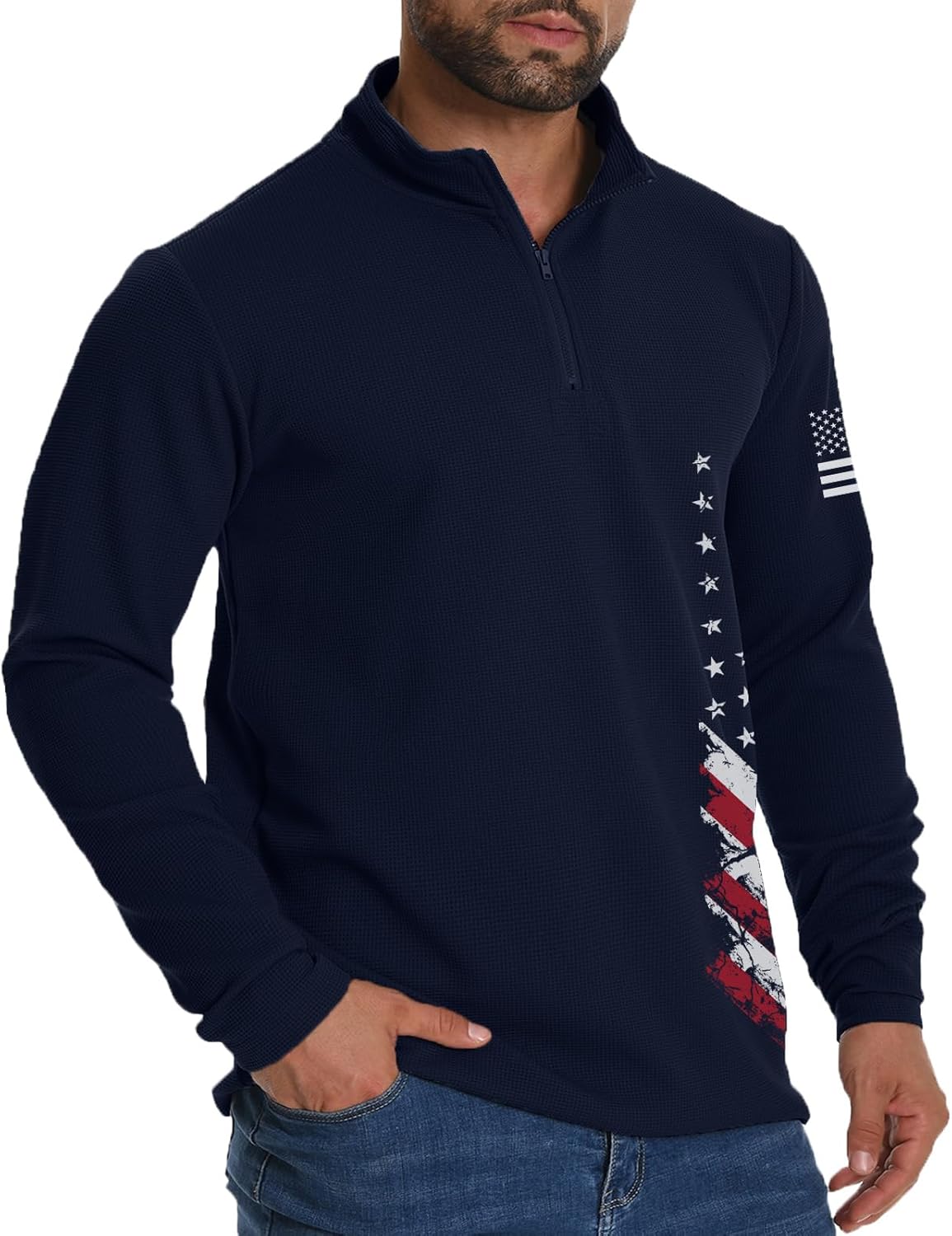 H HYFOL Mens Sweatshirt Waffle American Flag USA Patriotic Graphic Quarter Zip Stand Collar Casual Pullover - Image 3