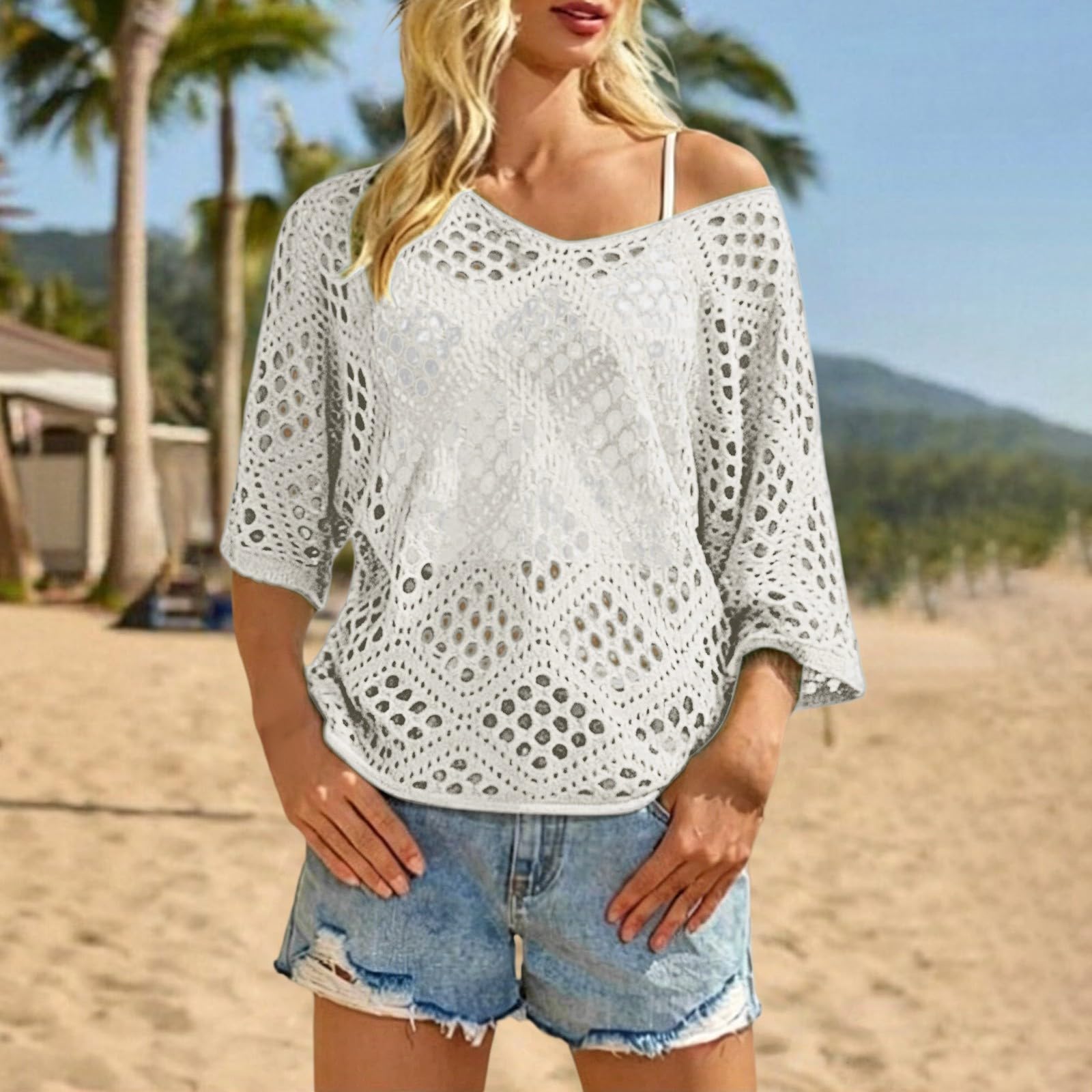 Maglia da donna con maniche a 3/4, scollo a V, stile bohémien, vestibilità larga, per estate, spiaggia, vacanze, uso quotidiano