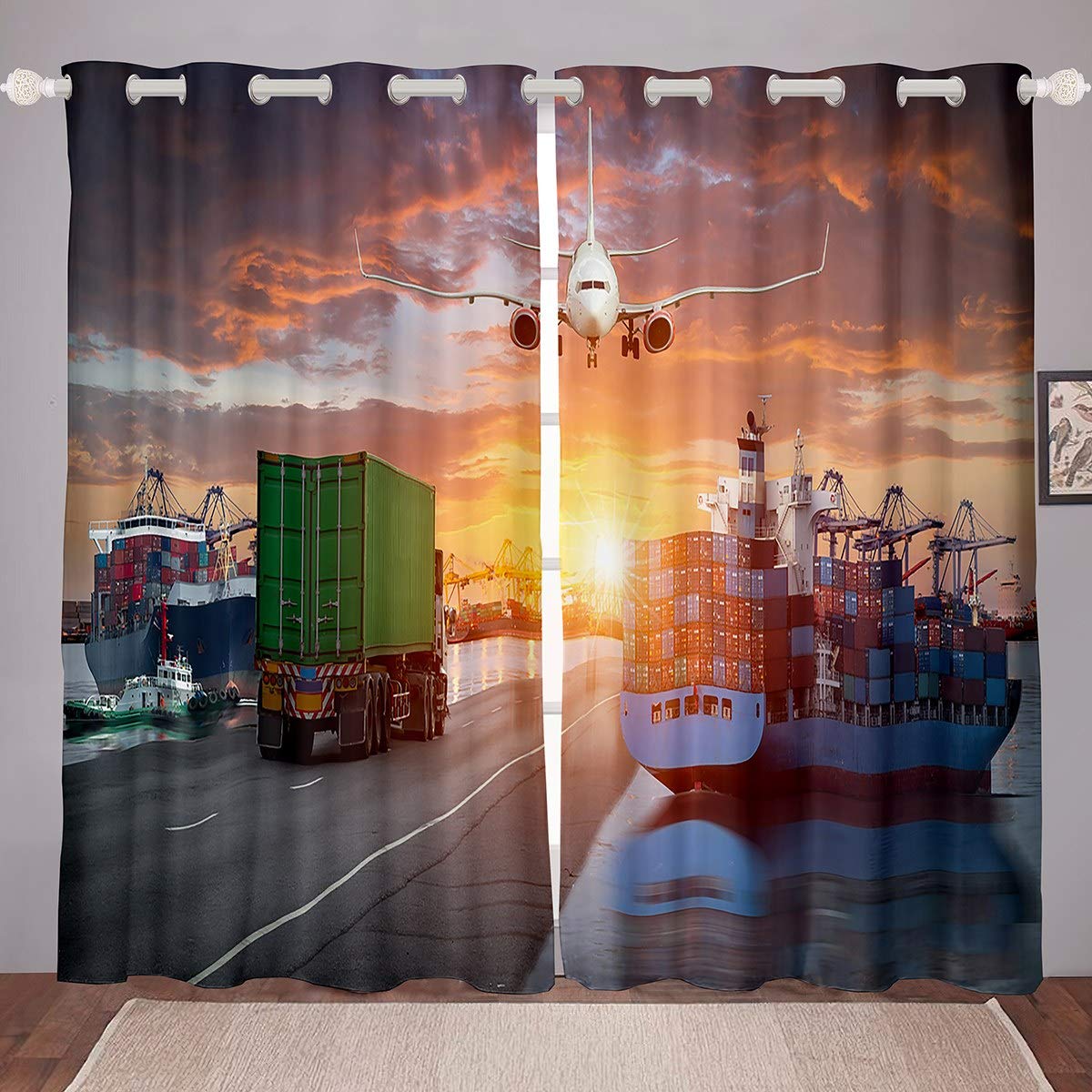 Homemissing Transportation Theme Curtain Aircraft Sailboat Equipment Truck Window Drapes Sunset Window Treatments Travel Lover Window Curtain for Bedroom Living Room Decor W46*L72