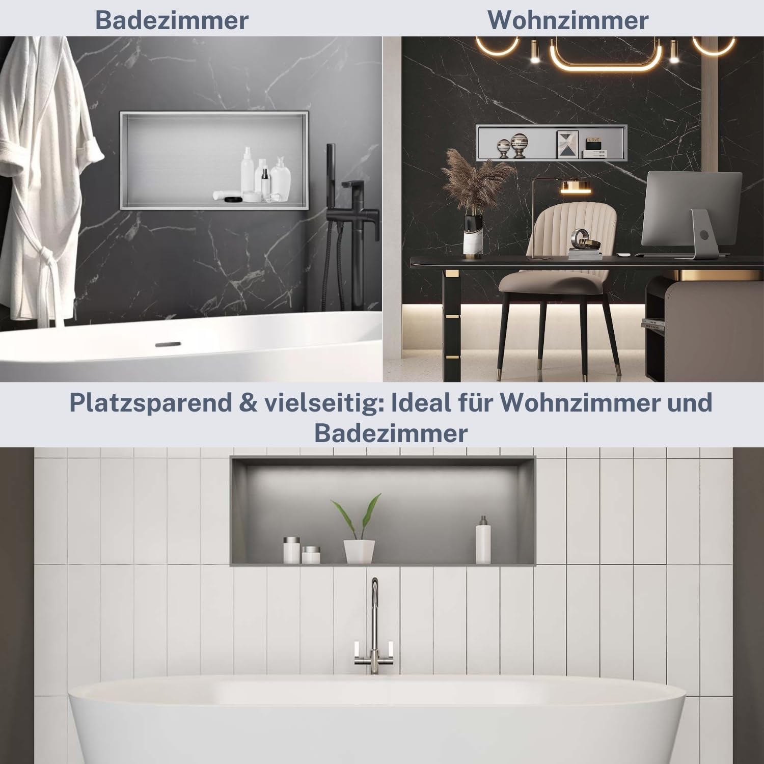Stilform Elegante Wandnische Gebürstet (60 x 30) Duschablage Nische| Stilvolle Ablage für Badezimmer| Hochwertiges 304 Edelstahl Duschnische