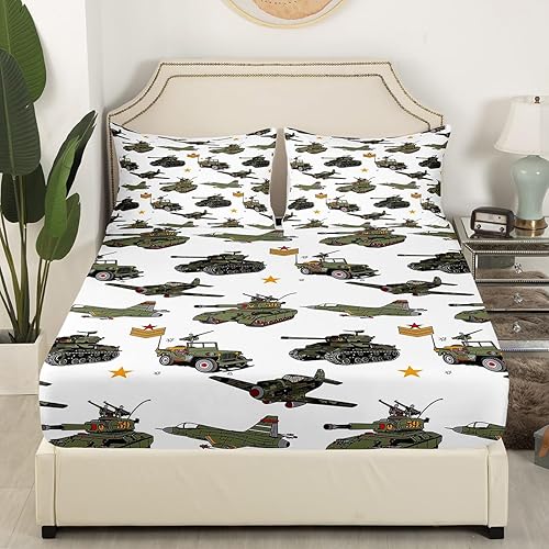 Miniatura 3 de Manfei War Theme - Sábana bajera ajustable tamaño individual, juego de ropa de cama de tanques de aviones de 2 piezas para decoración de habitación