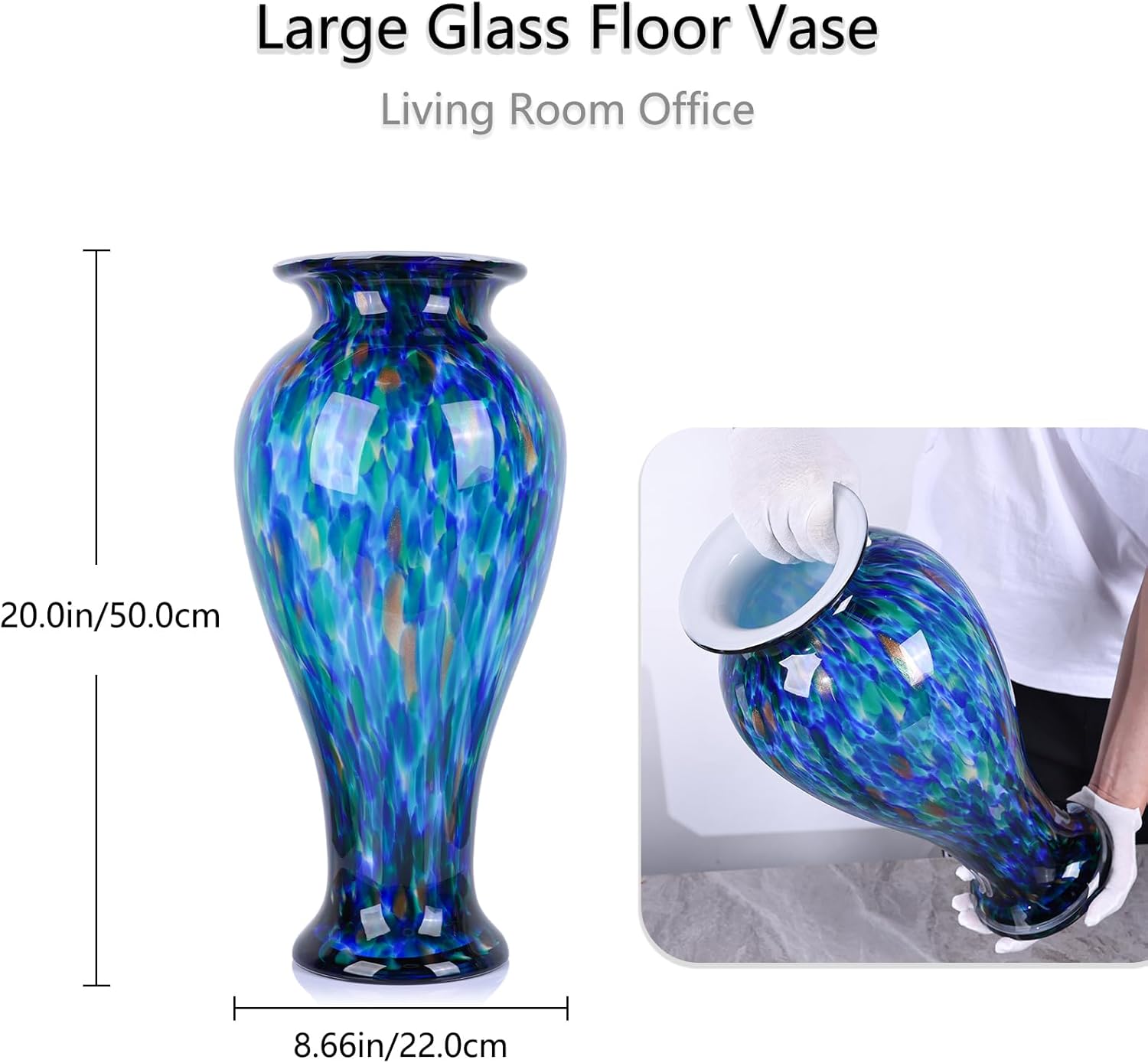 20" Tall Teal Blue Glass Vase Hand Blown Large Floor Glass Vase Home Decor, Pretty Modern Teal Blue Flowers Vases, Jarrones Grandes para Sala Elegantes, Large Vases for Living Room Wedding Decor - Image 2