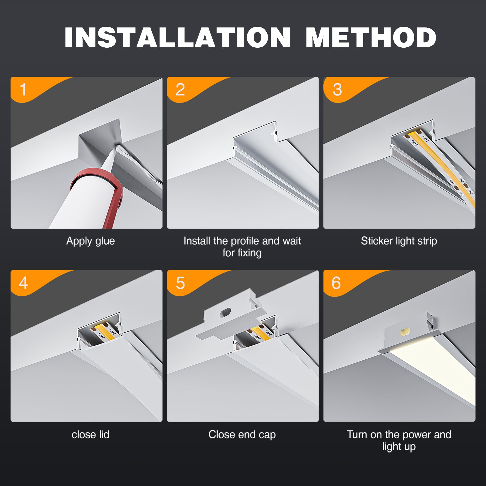 Shine Plus Perfil Aluminio Tira LED, 6 Pack 2m Perfil LED de Aluminio para Led Forma de U, Canal de aluminio Difusor led, con de interior, Tapas finales, Clips de Montaje (FS23, 6 Pack×2 Metros)