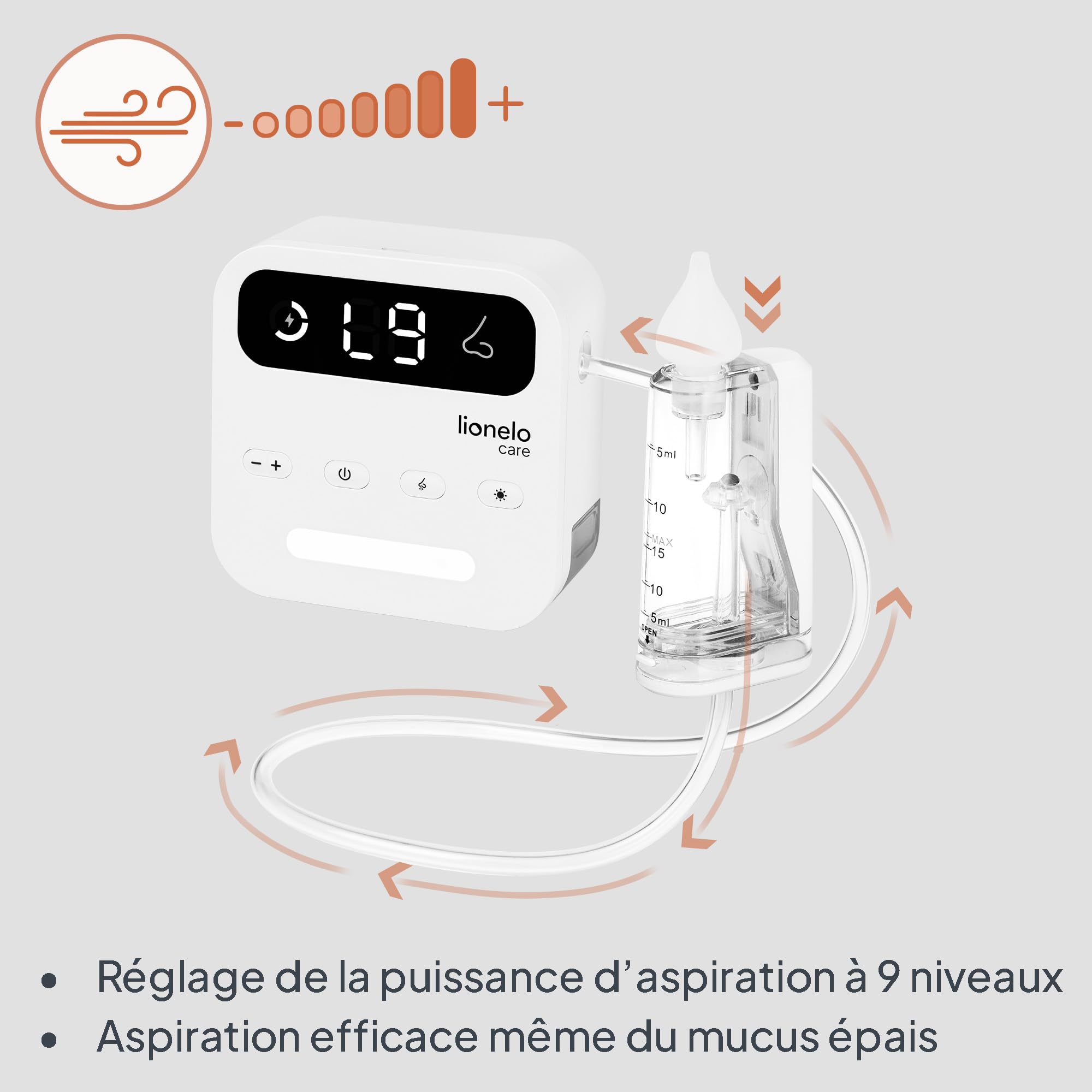 LIONELO BabyAir Flow Aspirateur Nasal Électrique Bébé Sans Fil | 9 Niveaux D’Aspiration | Débit 7,5 L/Min | 3 Embouts Silicone + 6 Filtres | Lumière Nocturne | Autonomie 2,5 H | Recharge USB-C