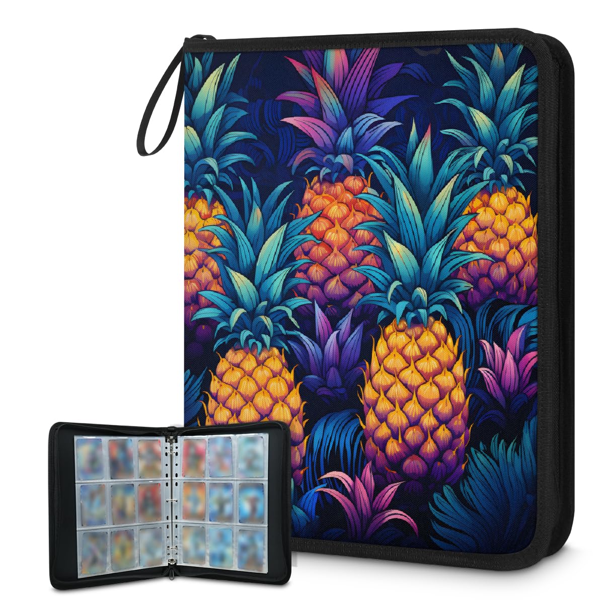 Raccoglitore per carte collezionabili con 9 tasche con ananas, raccoglitore per carte con maniche rimovibili, impermeabile, con cerniera, 50 pagine, capacità 900 carte