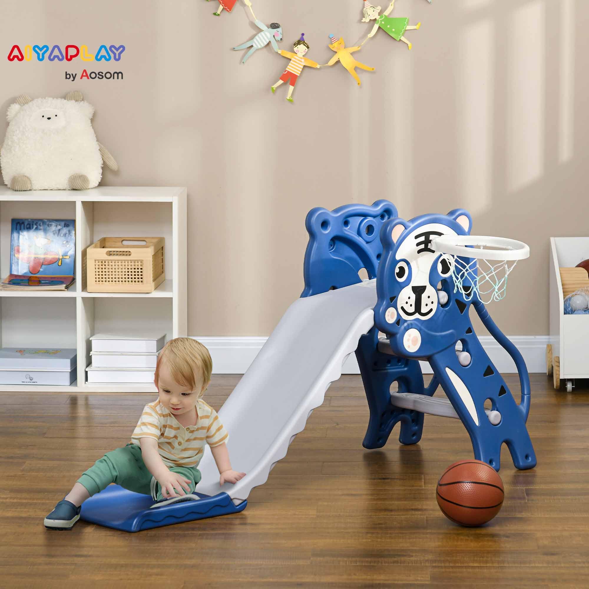 AIYAPLAY Toboggan pour Enfants, Toboggan intérieur pour Enfants, avec Un Panier de Basket, thème Tigre, de 18 à 36 Mois, jusqu'à 25 kg, 133L x 60l x 70H cm, Bleu