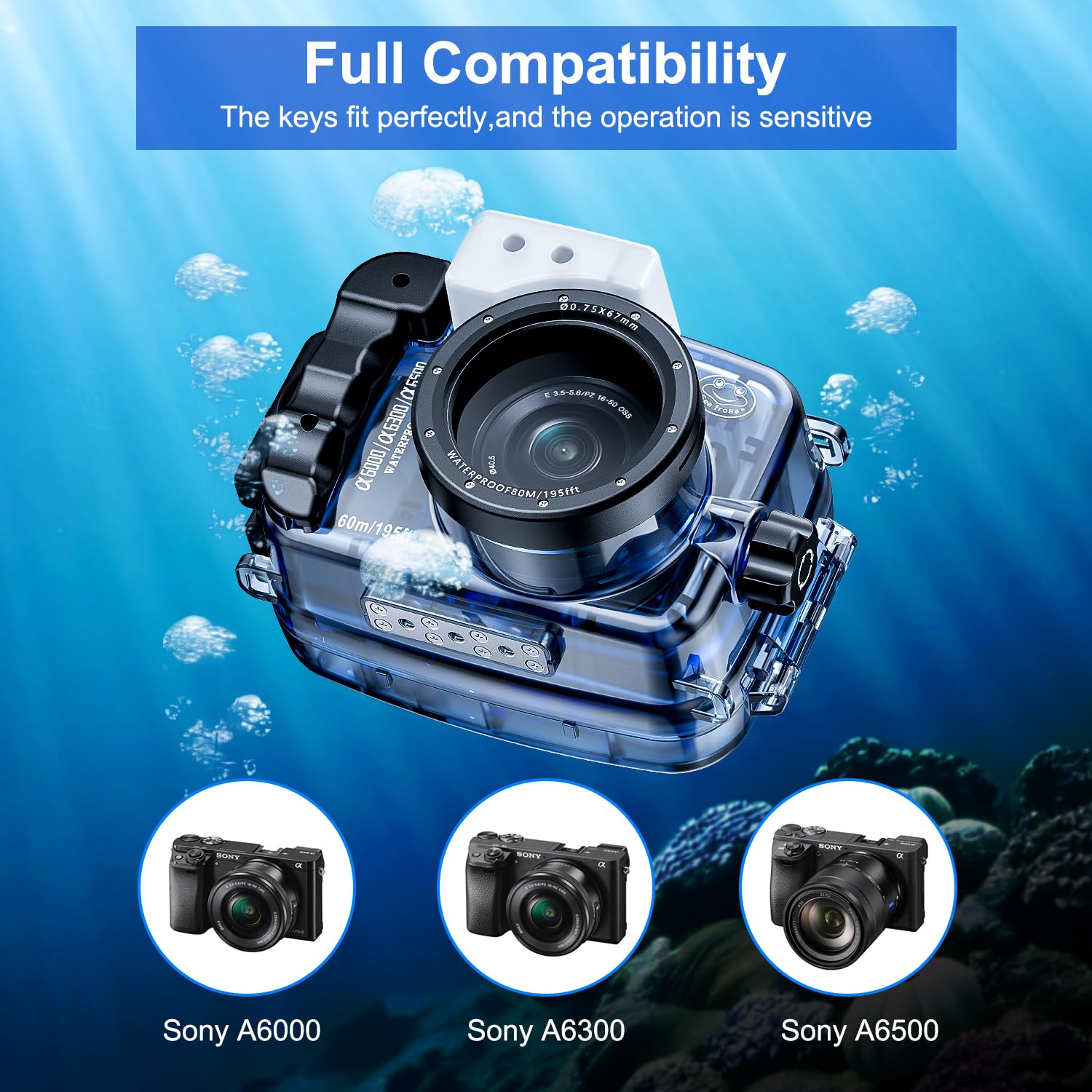 Sea frogs Carcasa impermeable para cámara compatible con Sony A6000/A6300/A6500 IPX8 60 m/196 pies de profundidad máxima de buceo para cámara subacuática para buceo, surf, remo, esquí