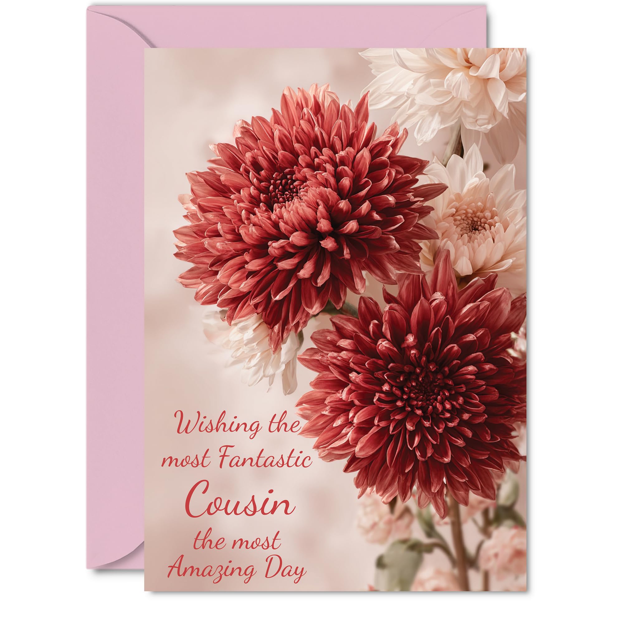 Cousin Birthday Card - Red Chrysanthemums - Happy Birthday Card for Cousin from Family Relative, A5 Red Flowers Bday Greeting Cards
