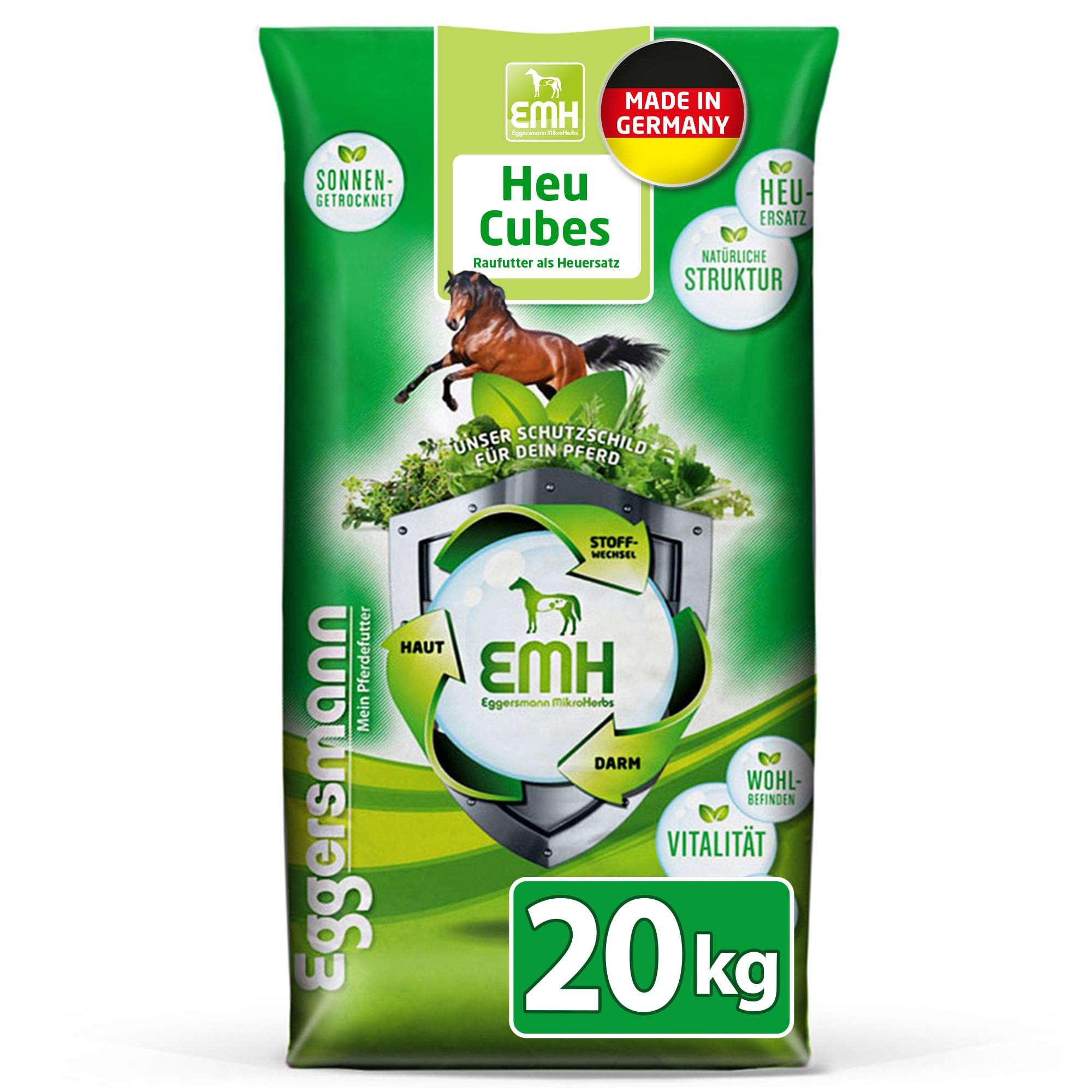 Eggersmann Mein Pferdefutter EMH Heu Cubes 20 kg - Raufutter aus sonnengetrocknetem Heu ideal als kompletter Heuersatz für Pferde & Ponys - Pferdefutter ideal bei Zahnproblemen - Deutsche Herstellung