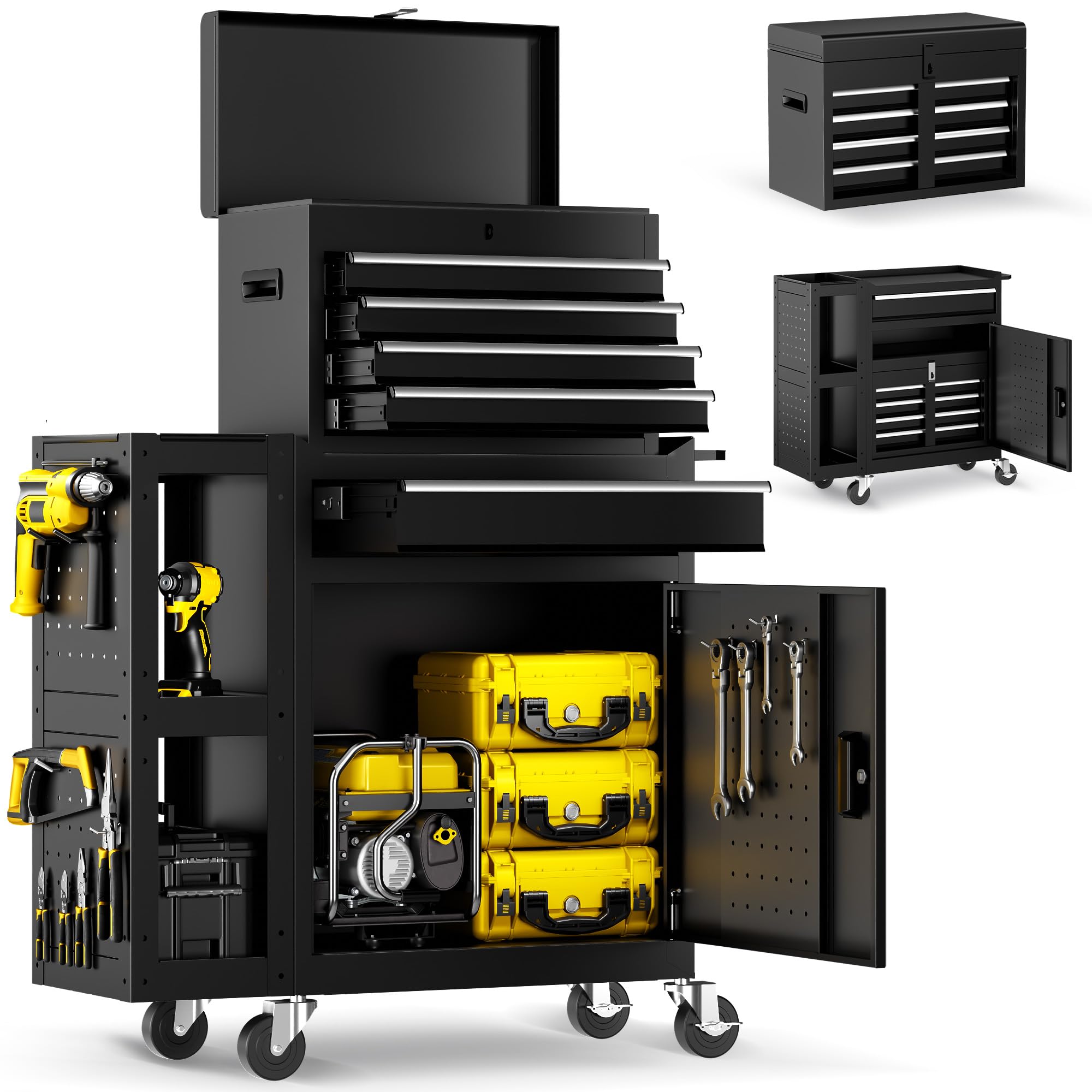 SILVEL 5-Drawers Rolling Tool Chest, Assembled Tool Box with Auto Locking System & Lockable Wheels & Sliding Drawers & Detachable Top, Tool Storage