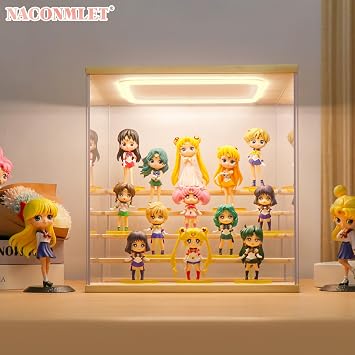 Acrylic Display Case with LED Lighting 3/4/5 Levels Transparent Dustproof Display Case Box for Collectibles Figures Model Cars (Wood 4 Levels 32.2 x 24 x 30 cm)