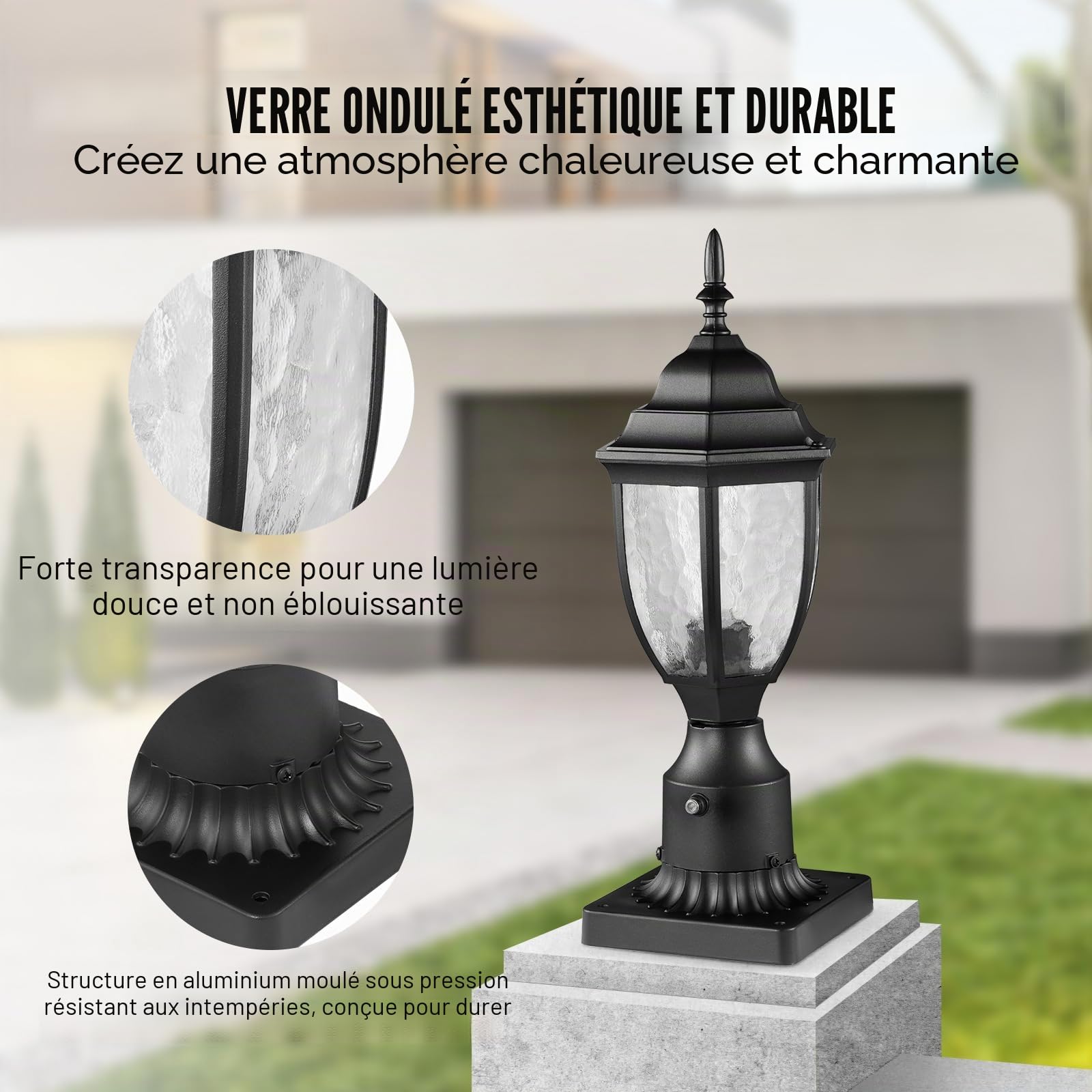 VEVOR Lampadaire extérieur, lot de 2, luminaires étanches 390 mm, avec base de montage sur pilier 9 cm, abat-jour verre, éclairage anti-foudre crépuscule à l'aube pour patio, jardin, allée, terrasse