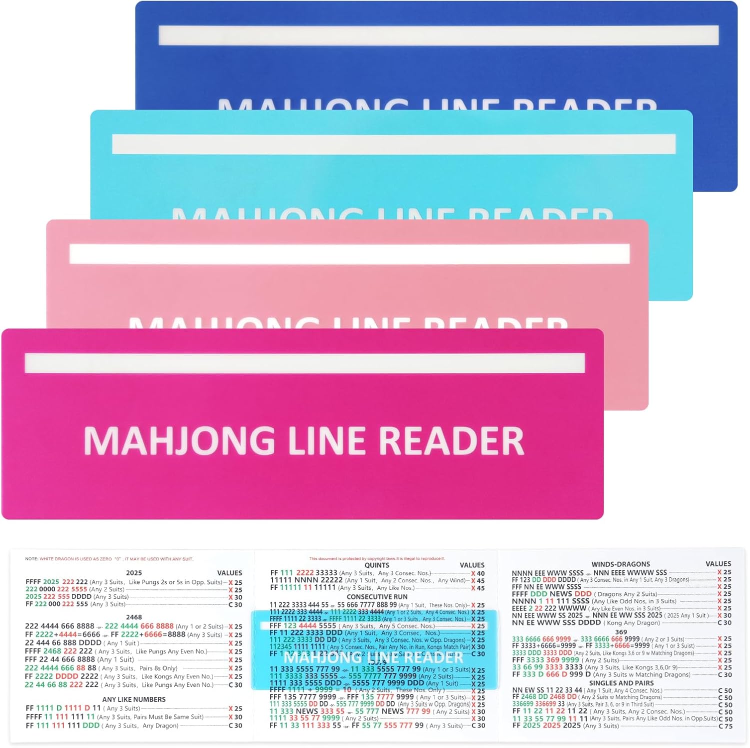 4Pack Mahjong Line Finder, Mahjong Line Reader Guide, Mah Jongg Card Mah Jong Accessories and Gifts, Mah Jong Game Rules Helper (Text)