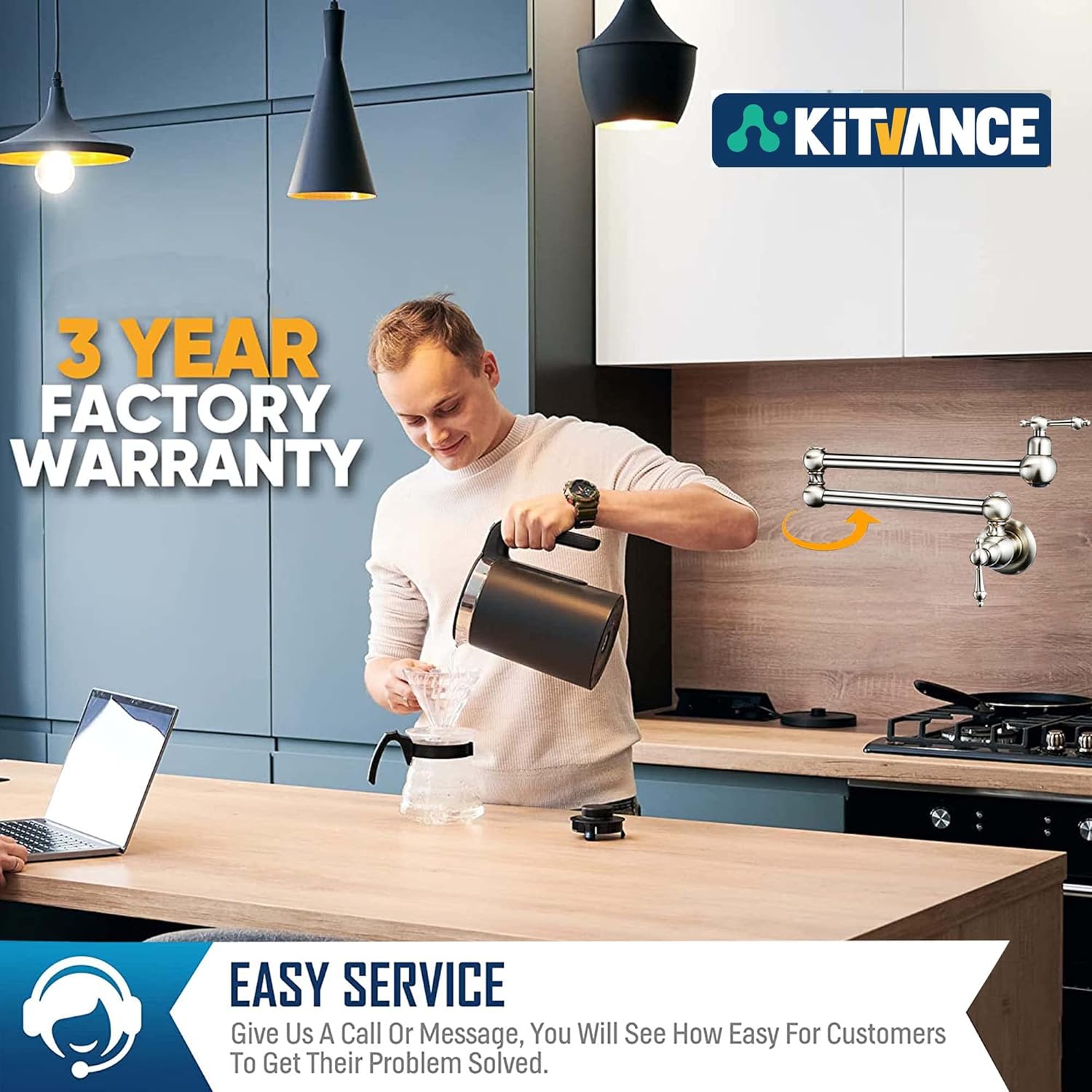 Pot Filler Faucet Brushed Nickel, Wall Mount Kitchen Sink Pot Filler Faucet, Commercial Brass Stove Faucet, Folding Kitchen Sink Faucet Stretchable with Double Joint Swing Arms