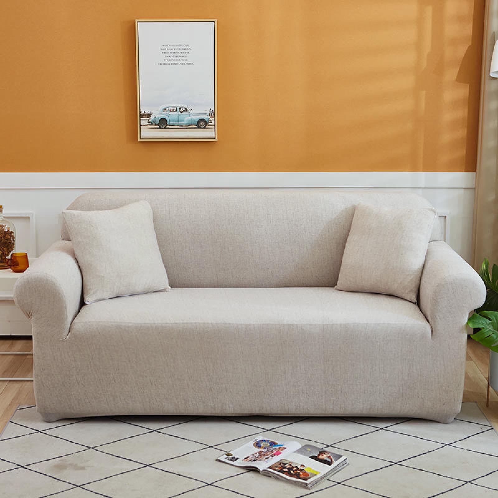 2 Seater Sofa Cover Beige Stretch Sofa Covers Spandex Settee Covers 2 Seater Washable Sofa Protectors from Pets Non Slip Covers for Sofas All Seasons Couch Cover with Elastic Strap