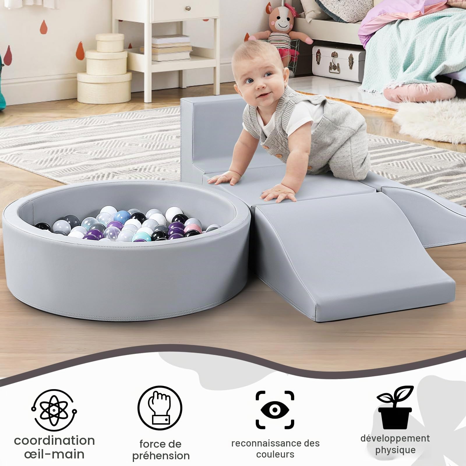 Lot de 5 jouets d'intérieur en cuir synthétique pour bébé avec piscine à balles (sans balles) - Jeu de blocs de construction en mousse - Convient pour les tout-petits - Jouet d'escalade et de ramper