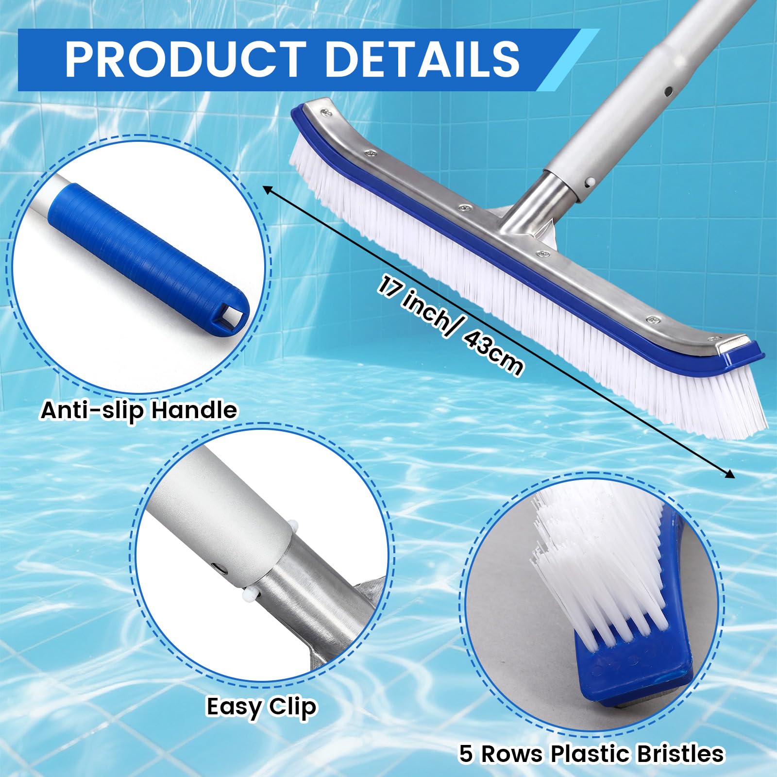 Thenshop Schwimmbadbürste mit verstellbarer Aluminiumstange, 43,2 cm breite Wandbürste mit Verlängerungsgriff bis zu 2,5 m gebogene Borsten, Schnappverschluss-Design für Innen- und oberirdische Pools