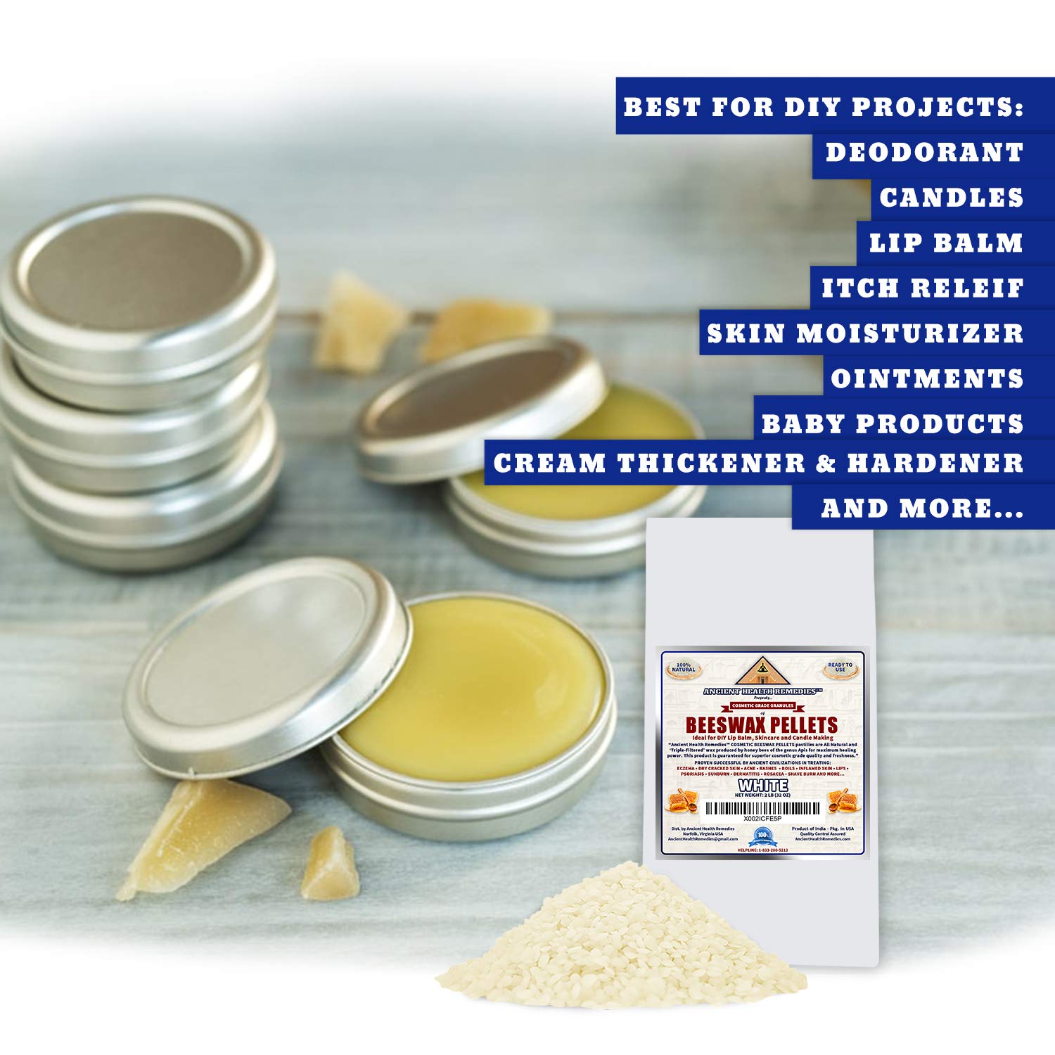 All Natural, Cosmetic Grade White Beeswax PELLETS PASTILLES. Bulk, Grade A, Triple Filtered Ideal for DIY Skincare, Candle Making & Lip Balm Projects (India). (2 LB)