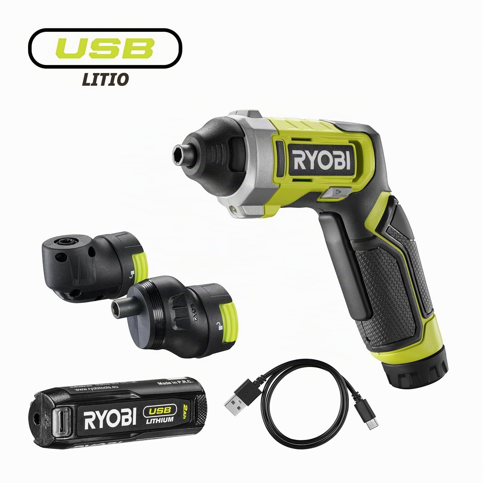 Avvitatore RYOBI 4V USB Litio - 1 batteria 2,0Ah - confezione da 10 punte - mandrino remoto - ingranaggio angolare - RSD