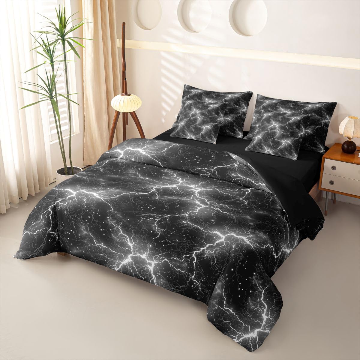 Homewish Schwarz Grau Blitz Bettwäsche 220x240 Set 7teilig