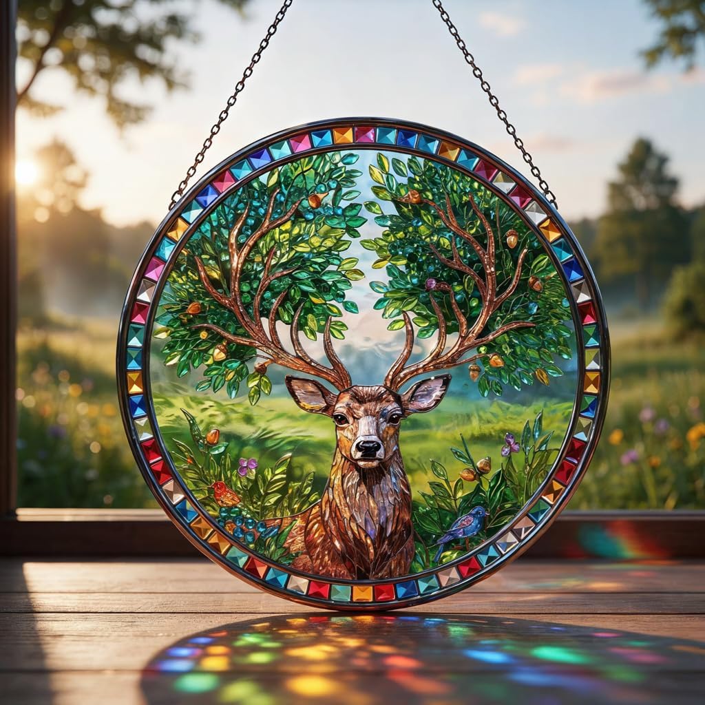 Colorful Acrylic Suncatcher, Deer Hanging Window Decor with Printed Stained Glass Style Design Sun Catcher, Rainbow Maker Wall Art, Christmas Ornaments Indoor Outdoor Use 7.8 x 7.8 inch N762