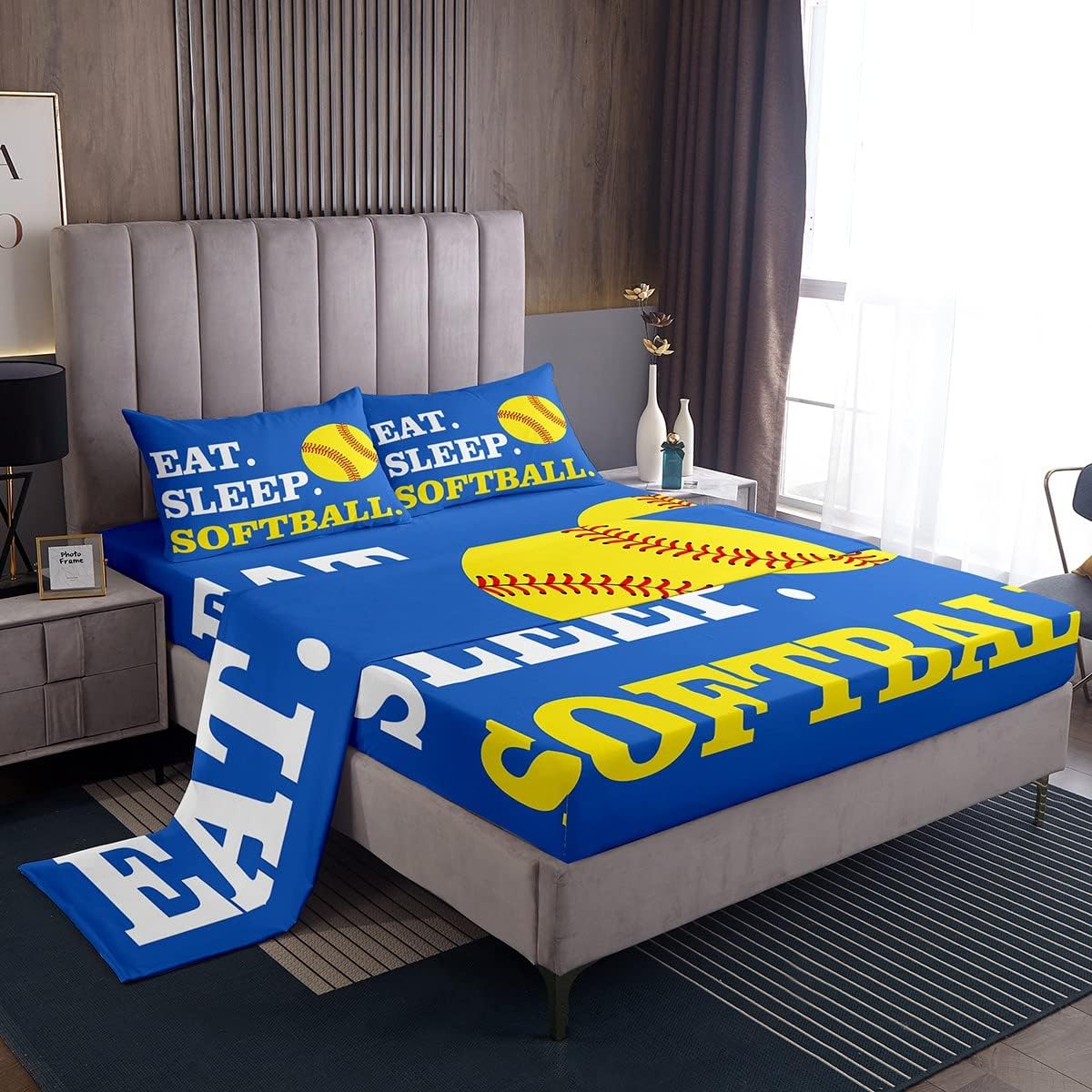 Feelyou Softball Sheets Set Twin Size for Girls Boys Kids Ball Sports Theme Sheets with Deep Pocket Fitted Sheet Bright Blue Yellow Room Decorative Bed Sheet Set Softball Lover Bed Set 3Pcs