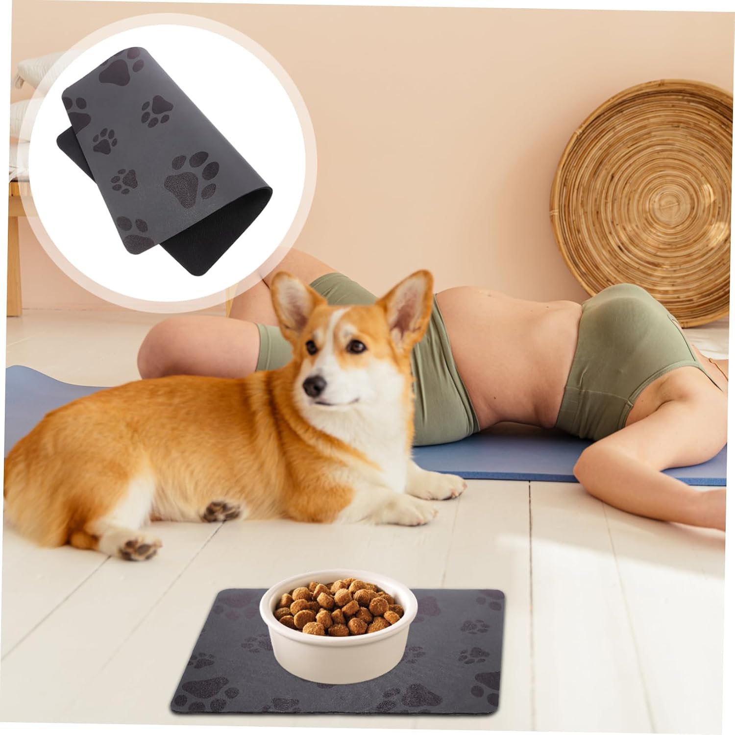 YARNOW Pet Feeding Mat for Dogs and Cats Absorbent Food and Water Bowl Mat Non-Slip Design Easy to Dry Paw Print Style