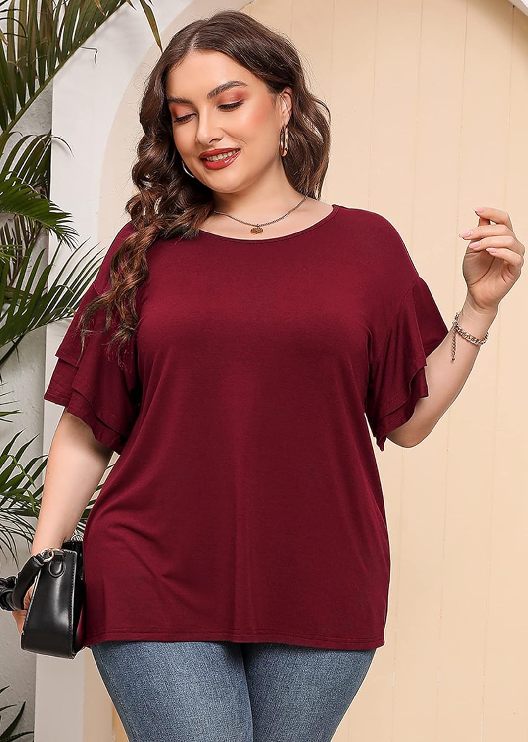 AusLook Plus Size Tunic for Women Double Ruffle Short Sleeve Clothes Loose Fit Clothing Flowy Shirts Summer Tops - Image 3