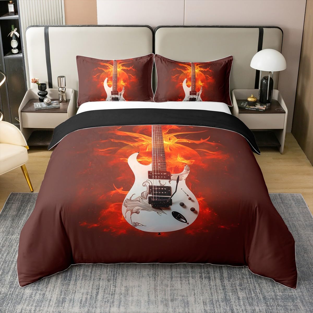 Set di biancheria da letto in 100% cotone con motivo chitarra elettrica 3D, per ragazzi e ragazzi, motivo musica hip hop, in morbida microfibra, decorazione per camera da letto