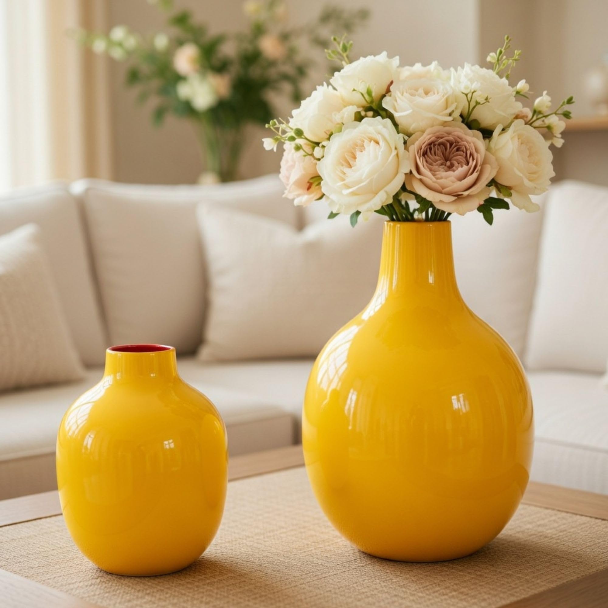BEHOMA Yellow Metal Flower Vase for Modern Shape Home Decor| Yellow Flower Pot for Living Room Office| Table Decorative Flower Pot for Gifting | Pack of 2 (Flower Not Included)-image-28
