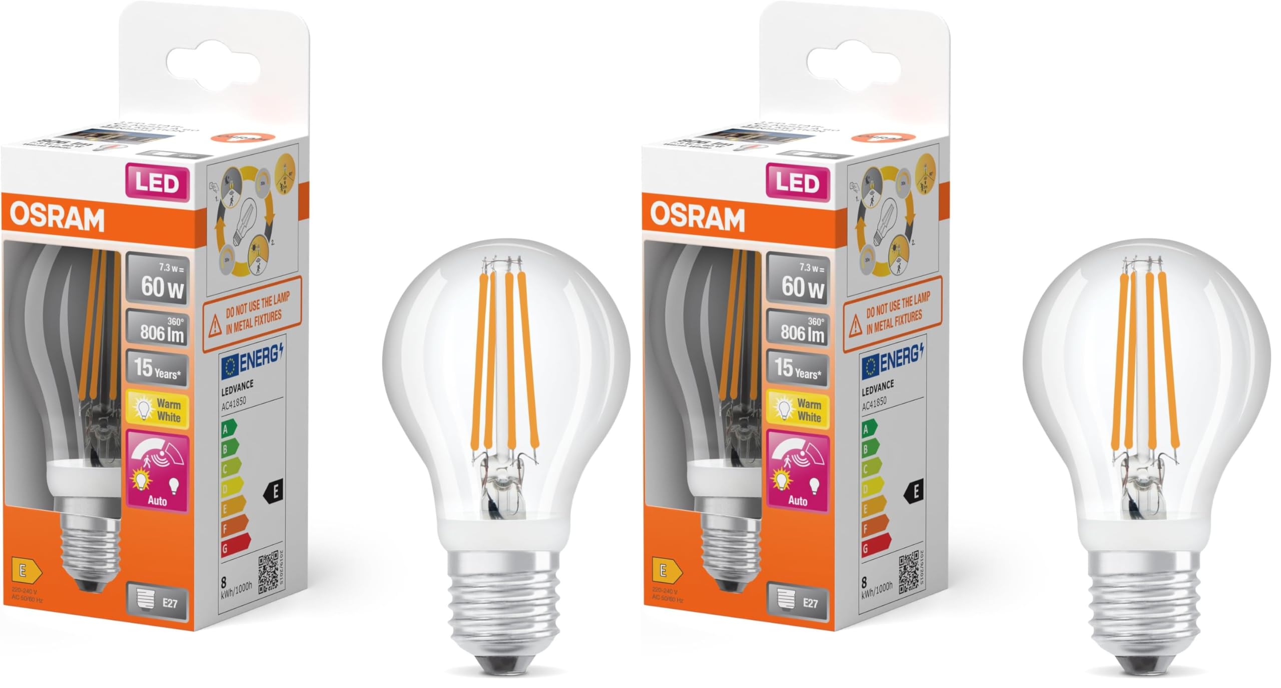 Bombilla LED E27 con sensor integrado OSRAM Star+ filamento, blanco cálido de 806 lm, sustituye 60W