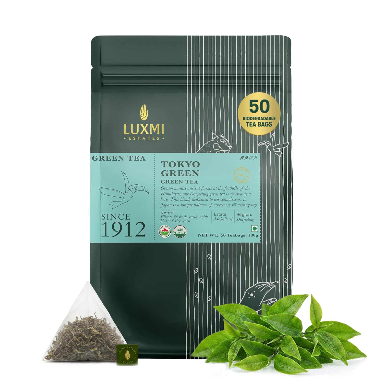 Luxmi Estates Tokyo Green Organic Green Tea (50 Tea Bags) Tea Bags For Relaxing, Calming, and Stress Relief, With Certified Organic Darjeeling Makaibari Green Tea Organic Darjeeling Green 50 Tea Bags