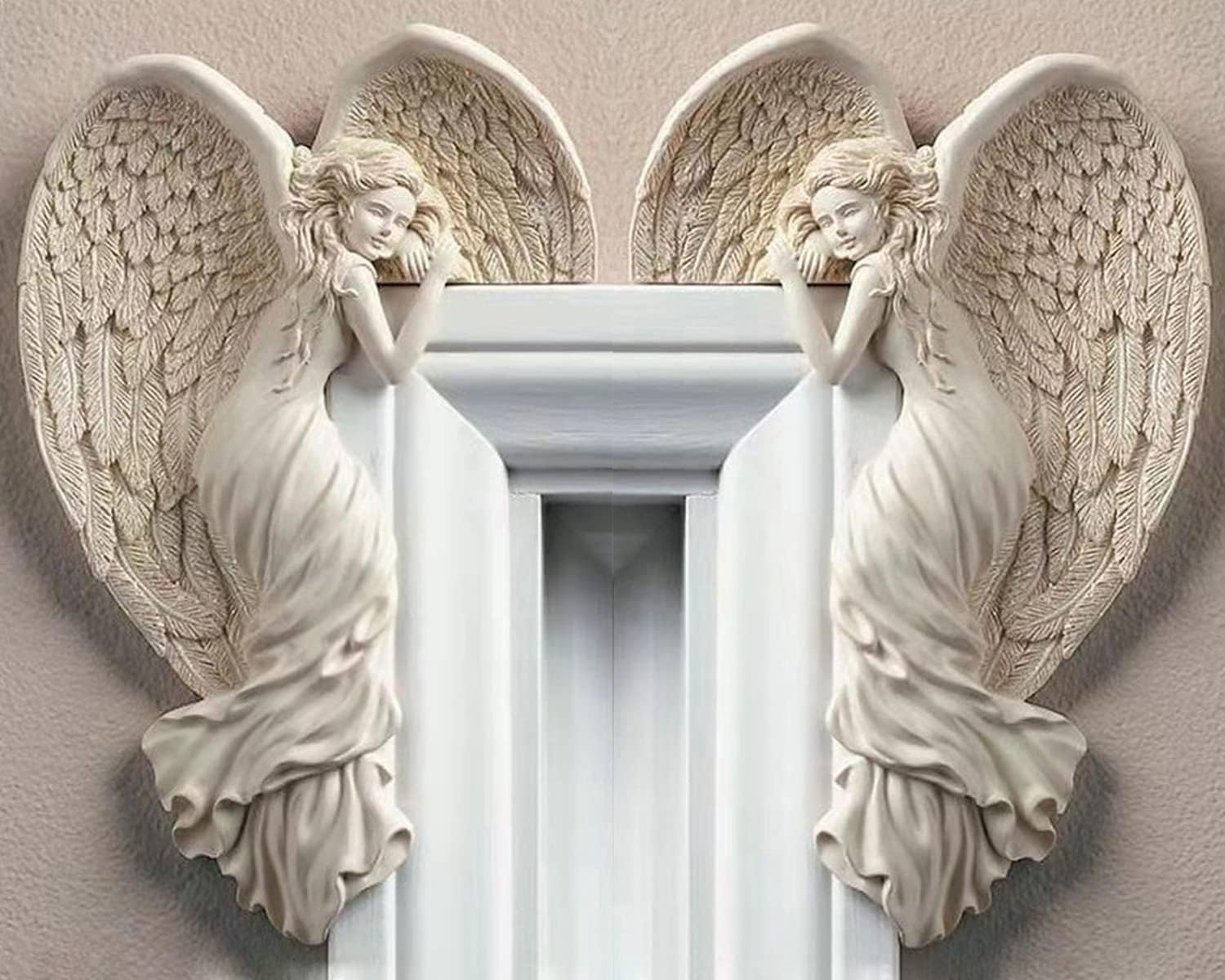 Door Frame Angel Wall Sculpture Left Right Door Frame Angel Wing Sculpture Vintage Shabby Ivory Wall Sculptures 3D Chic Angelic Figurines Ornaments for Doors Frames Fireplace