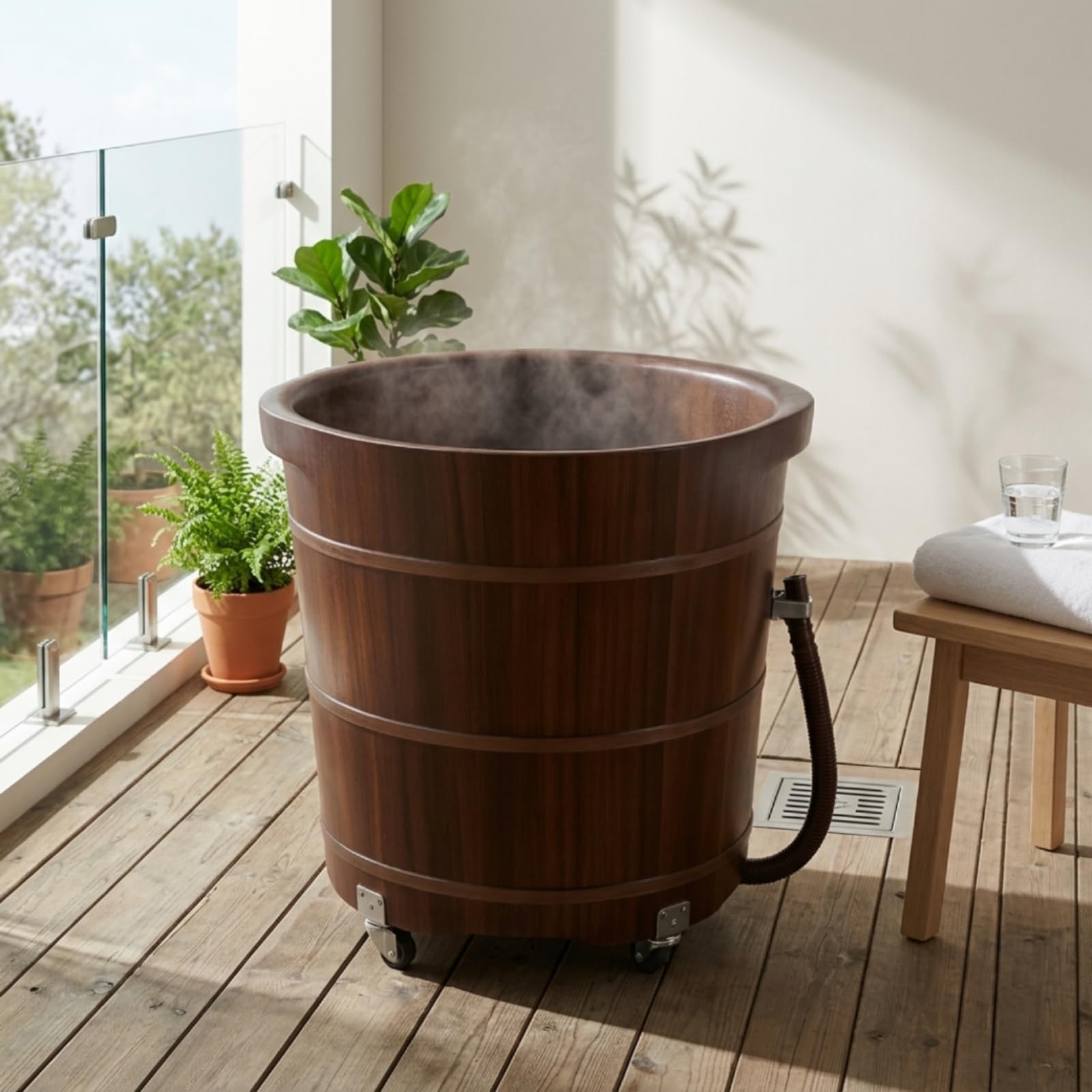 Fußbadezuber aus rustikal Fußbadewanne aus tief Fußbecken mit Ablaufschlauch für Pediküre, Badezimmer, 40 Cm, Pfirsichkernholz, Doppelohr, Mit Rollen, 40 Cm Hoch