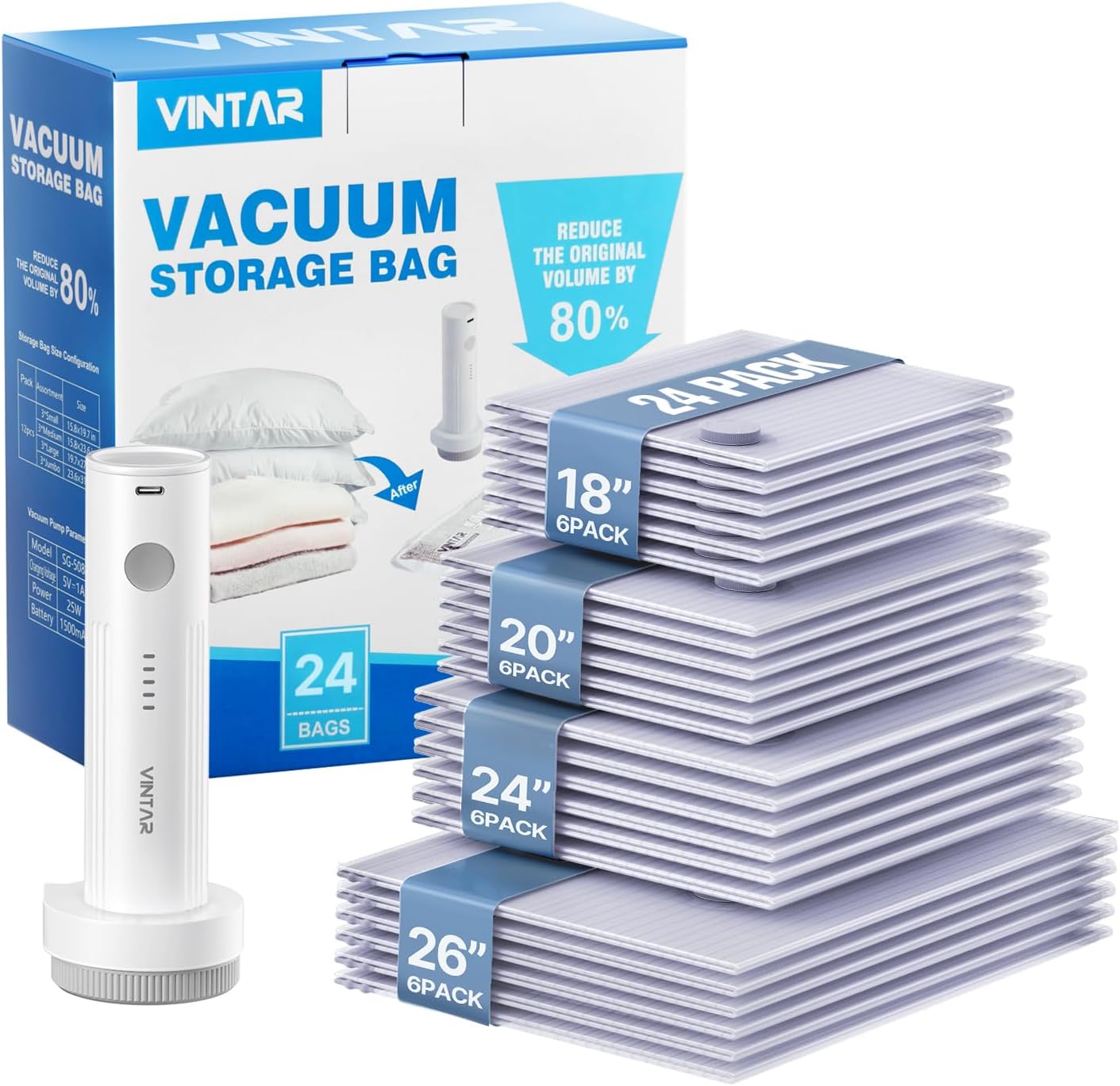 Vacuum Seal Bags for Clothing Travel, VINTAR 24 Pack Vacuum Storage Bags with Rechargeable Wireless Pump, Space Saver Bags(6 Jumbo+6 Large+6 Medium+6 Small) for Travel Luggage, Suitcase Storage