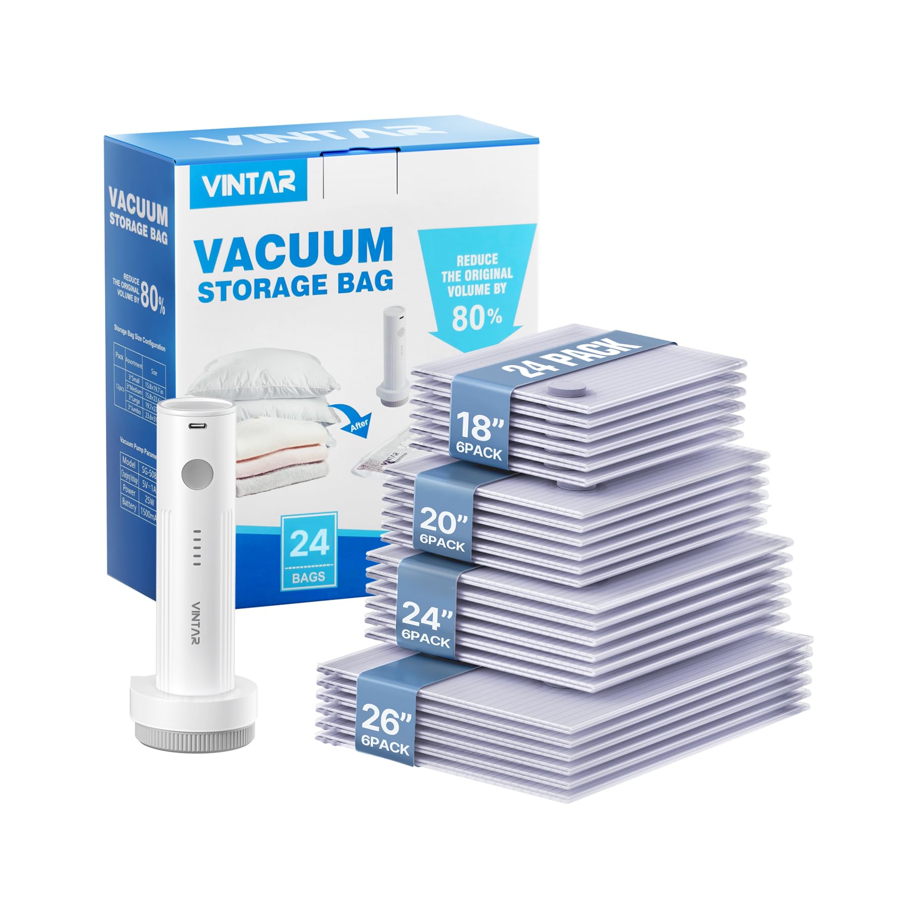VINTAR - Bolsas de sellado al vacío para ropa de viaje, paquete de 24 bolsas de almacenamiento al vacío con bomba inalámbrica recargable, bolsas de ahorro de espacio (6 jumbo, 6 grandes, 6 medianas y