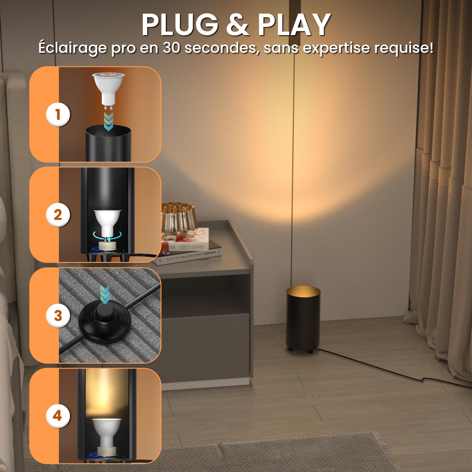 GU10 LED Uplight Spot, 5W Spot Éclairage Indirect, Lampe d'ambiance sur pied avec Interrupteur à pied, 2X Ampoule LED GU10 Blanc Chaud 3000K, Non-dimmable,Noir, Fiche UE (Lot de 2)